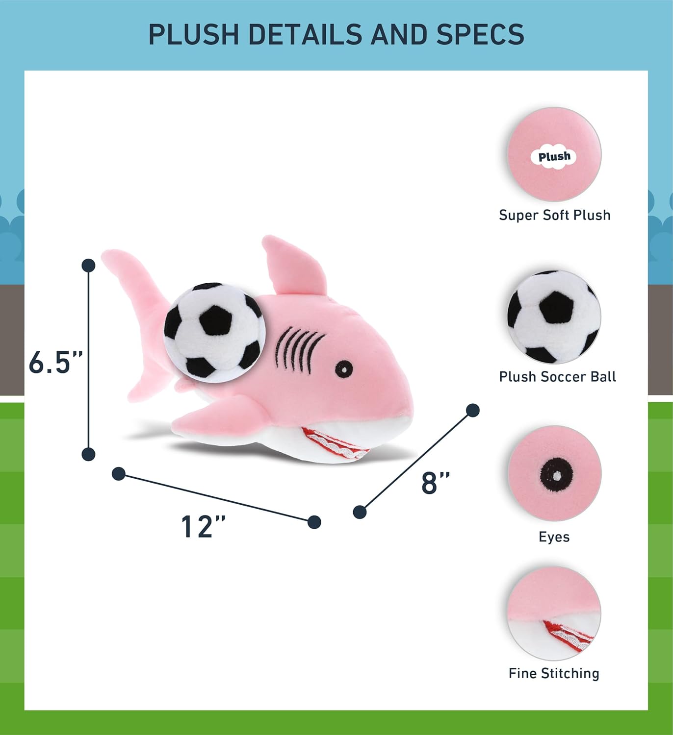 DolliBu Pink Shark Plush with Soccer Ball - 12 Inches