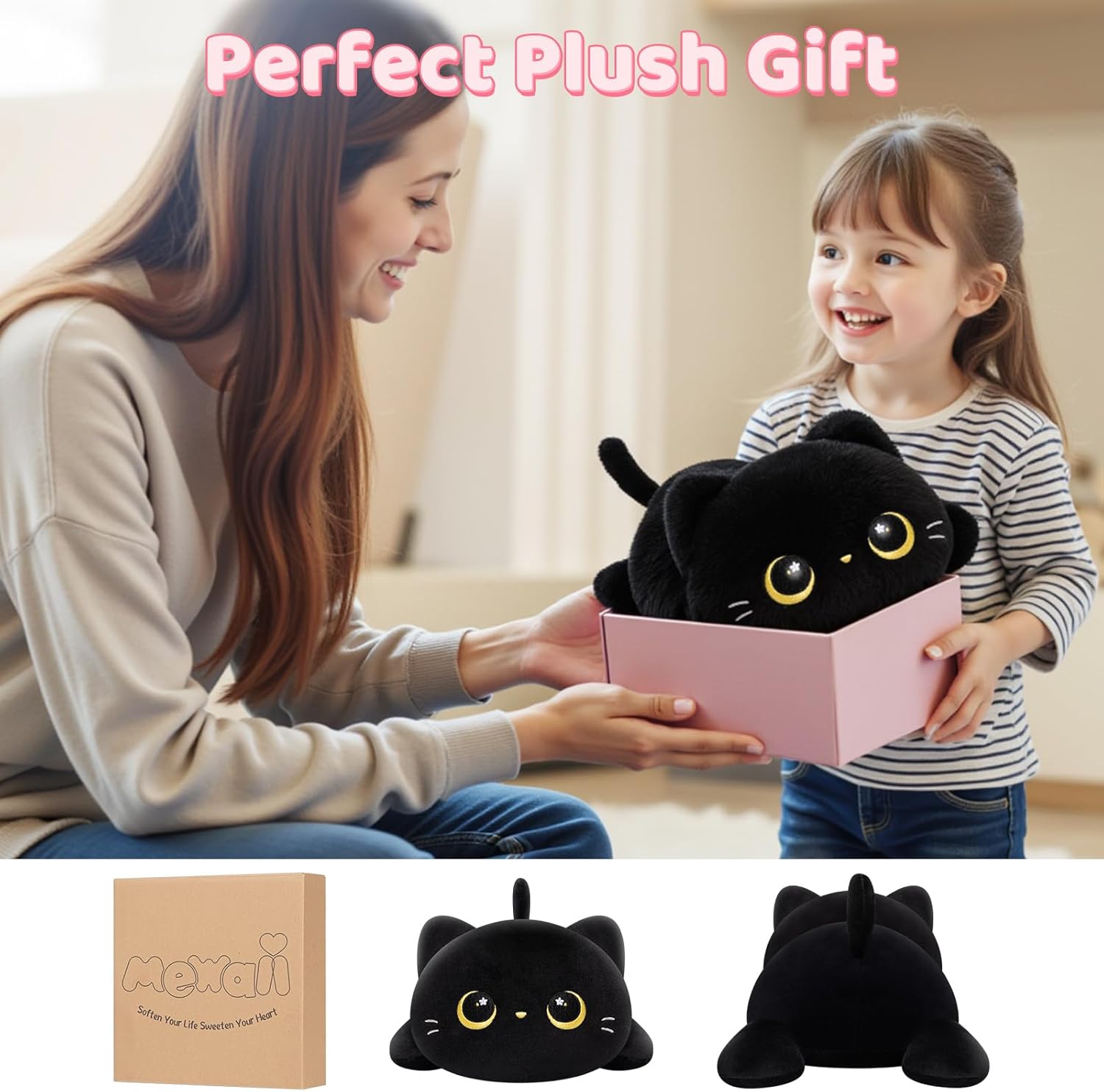 Cute Black Cat Plush Pillow - Kawaii Plushie for Kids Girls