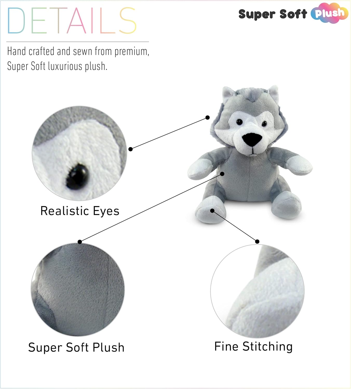 DolliBu Plush Wolf Toy - 6 Inches Sitting Huggable Stuffed Animal