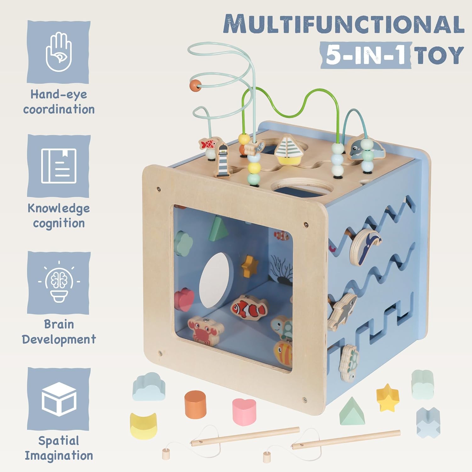 Buoyantkids Wooden Activity Cube 7-in-1 Montessori Toy