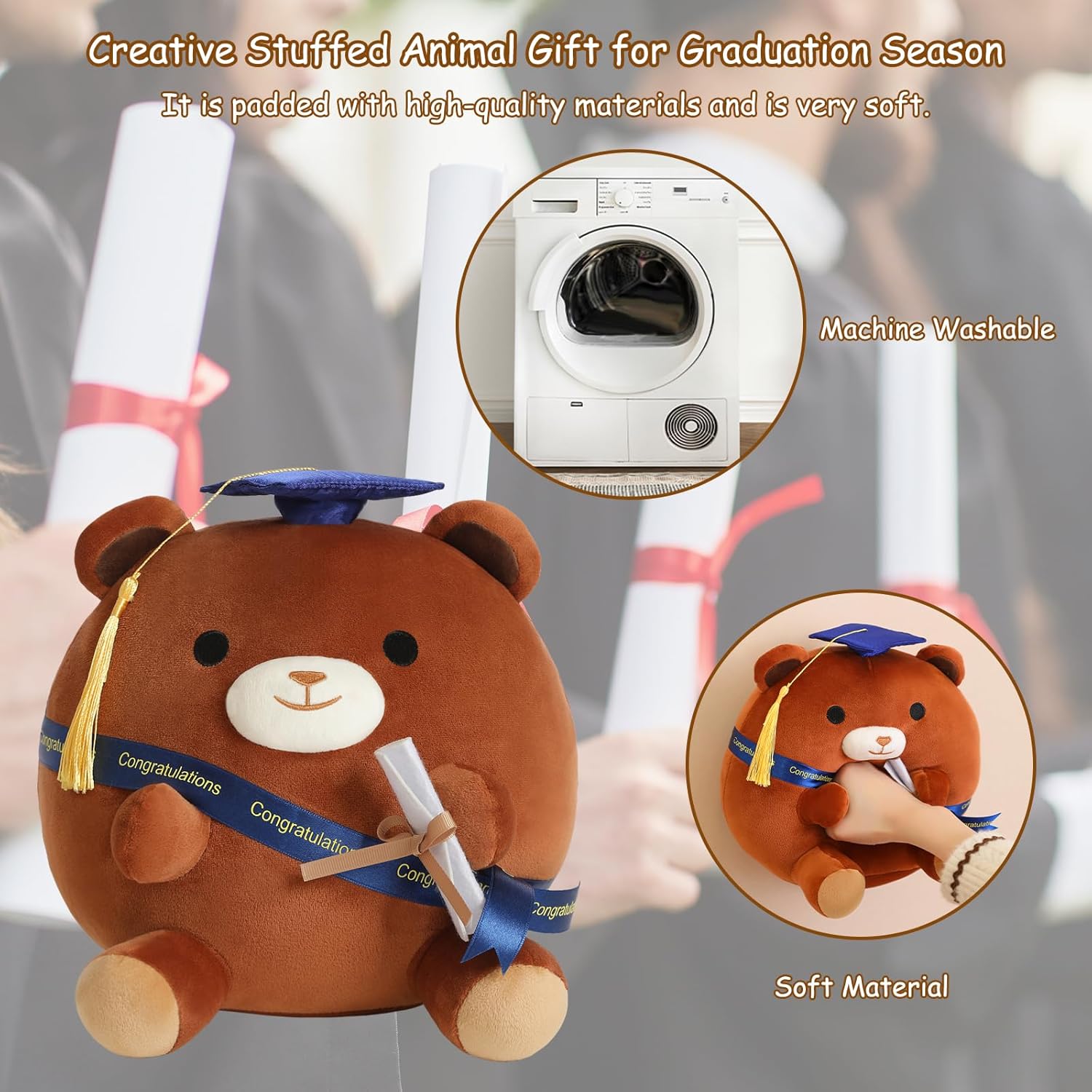 Finebee Brown Bear Plushie Graduation Gift with Cap for Kids