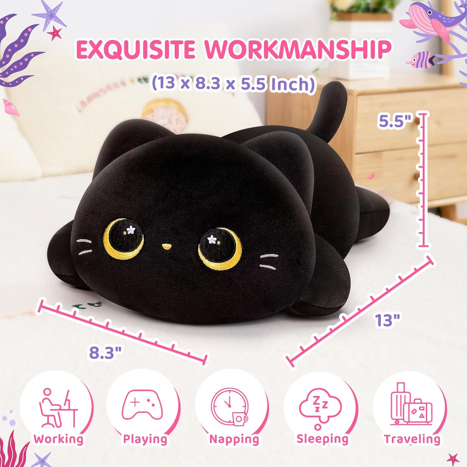 Cute Black Cat Plush Pillow - Kawaii Plushie for Kids Girls