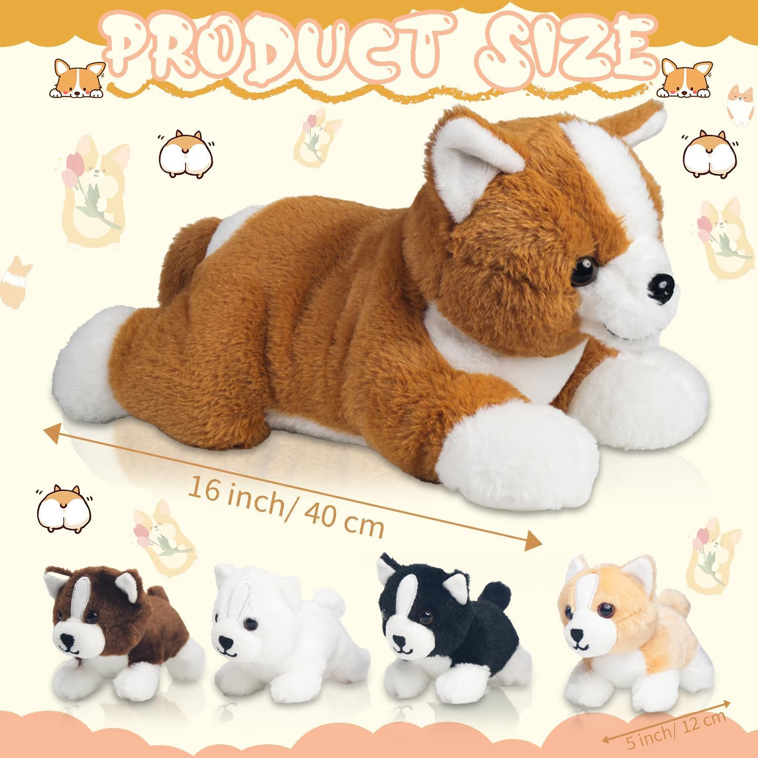 5 Pcs Corgi Plush Stuffed Animals with Zipper Belly
