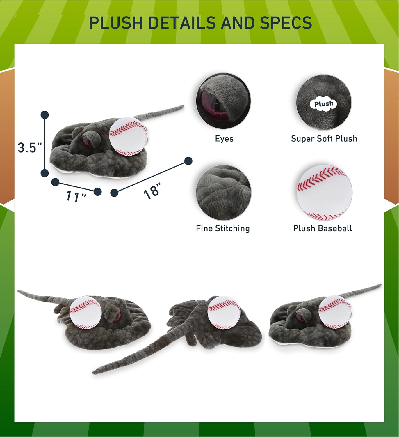 DolliBu 18 Inch Grey Stingray Plush with Baseball
