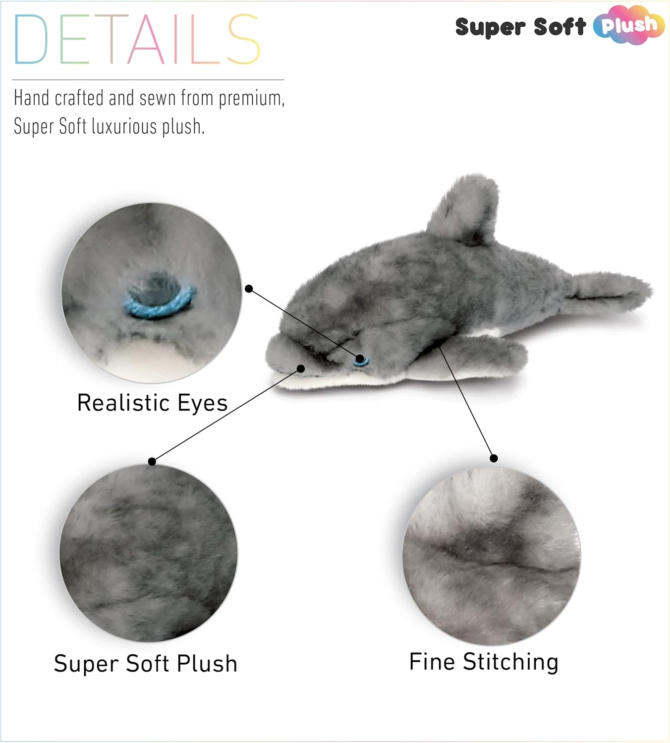 DolliBu Plush Dolphin Toy - 125 Inch Huggable Grey Dolphin Stuffed Animal