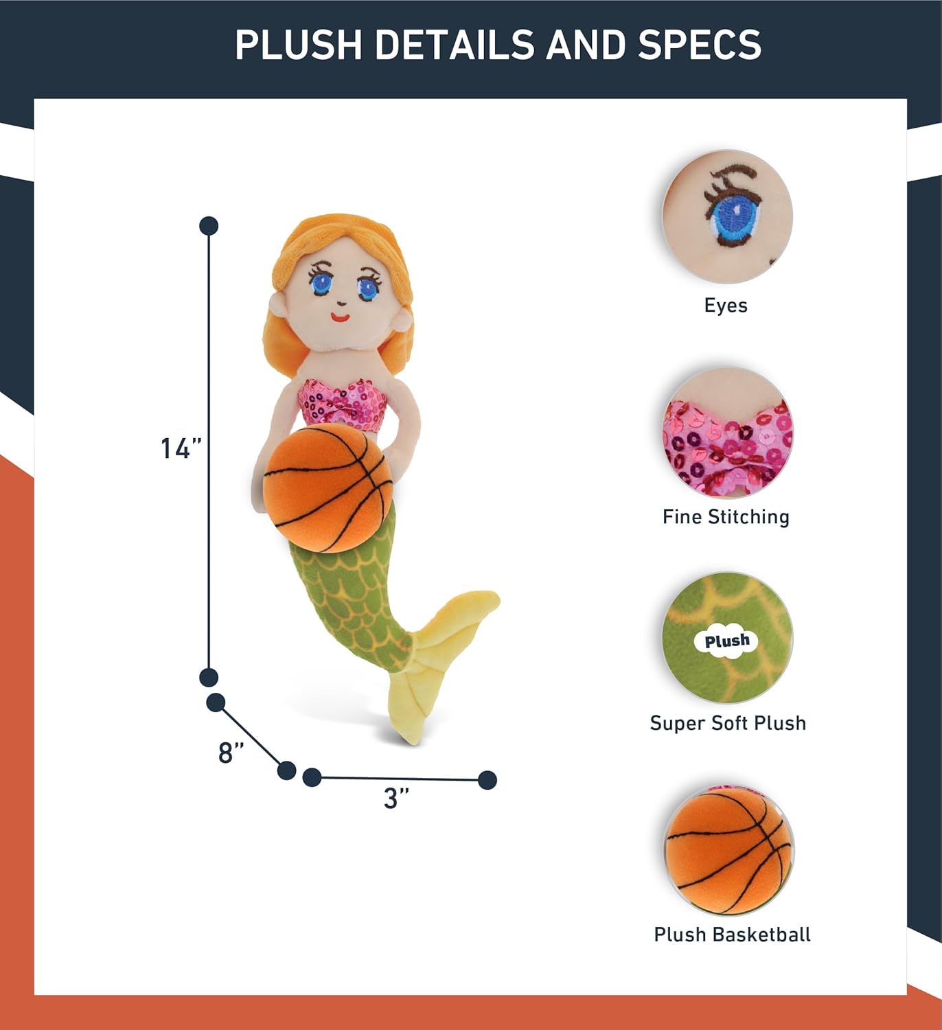 DolliBu Green Mermaid Plush with Basketball - 14 Inch