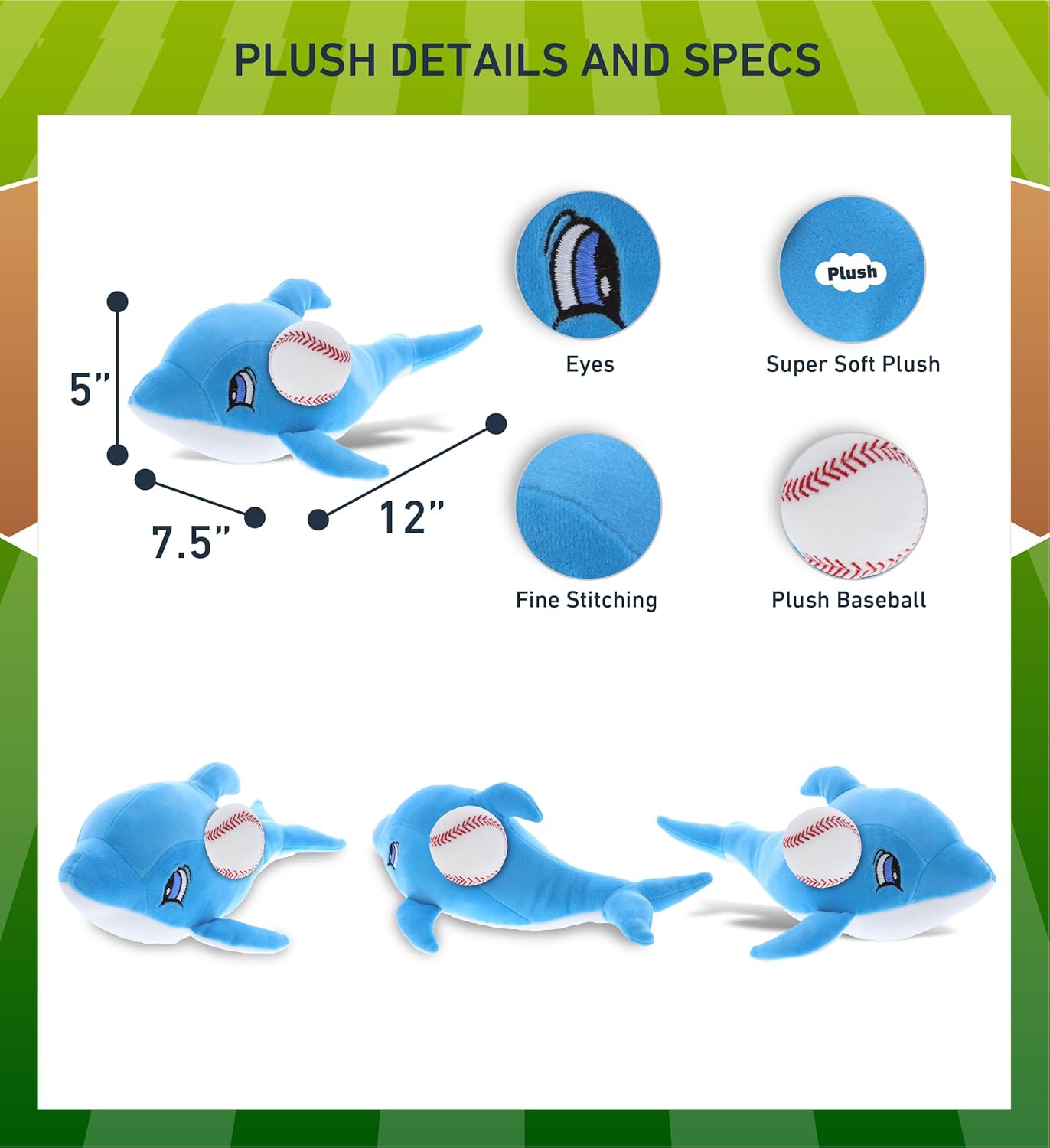 DolliBu Blue Dolphin Plush Toy with Baseball - 12 Inches