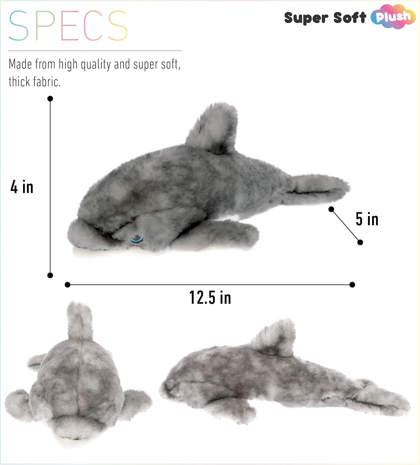 DolliBu Plush Dolphin Toy - 125 Inch Huggable Grey Dolphin Stuffed Animal