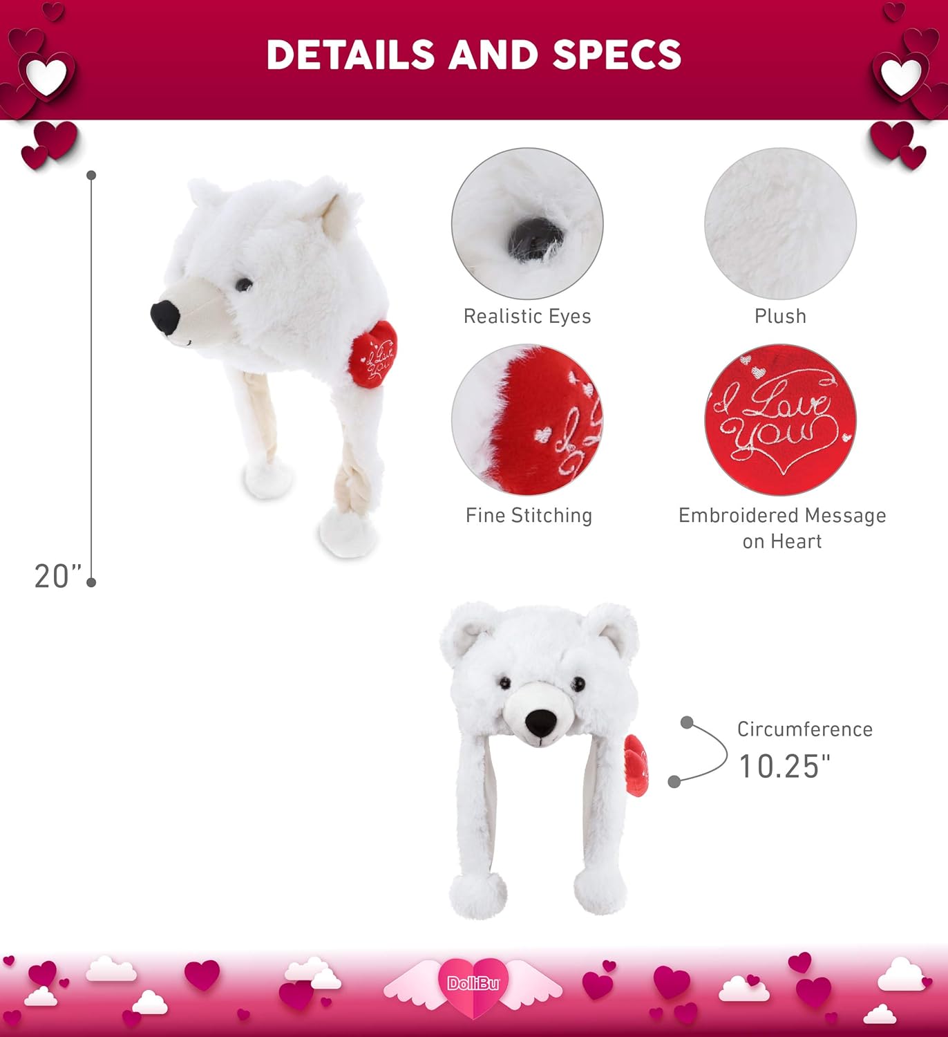 DolliBu I Love You Polar Bear Plush Hat - 16 Inches