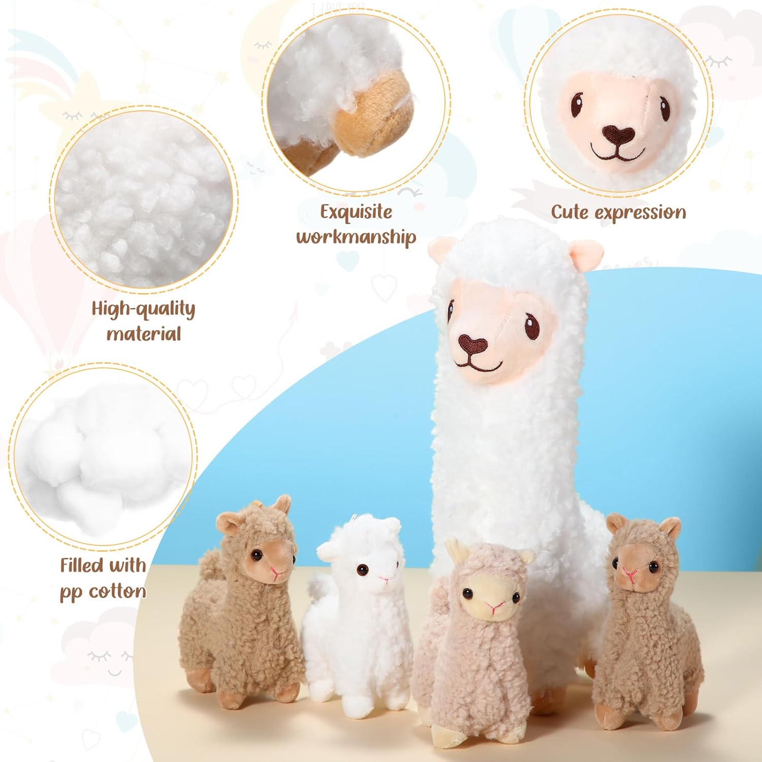 Jenaai Llama Plush Set with 4 Baby Llamas Cute Soft Stuffed Animals