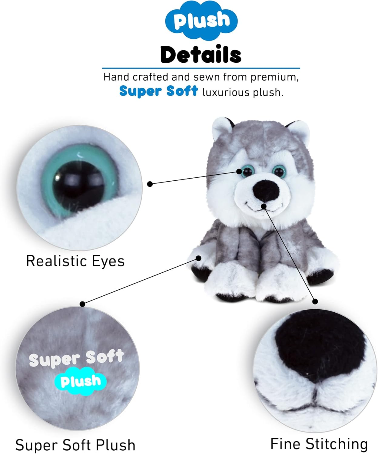 Puzzled DolliBu Plush Husky Dog - Soft Huggable 9 Inch Grey Sled Dog Toy