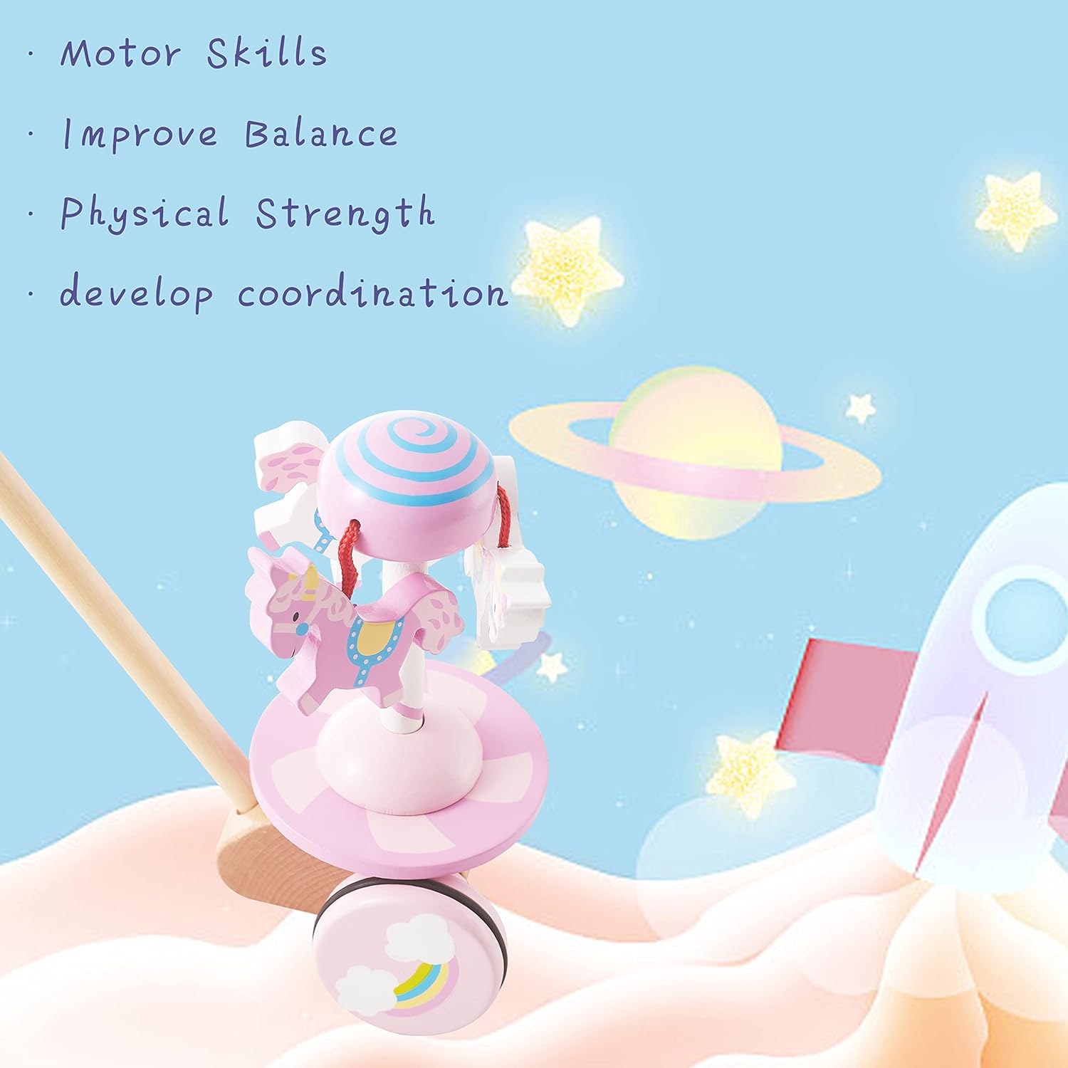 RUYU Lively Carousel Wooden Push Pull Toy for Toddlers 1