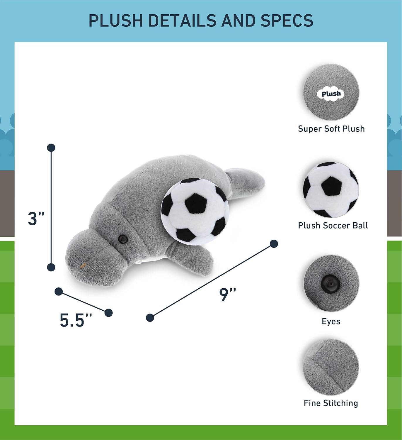 DolliBu Grey Manatee Soccer Ball Plush - 9 Inches