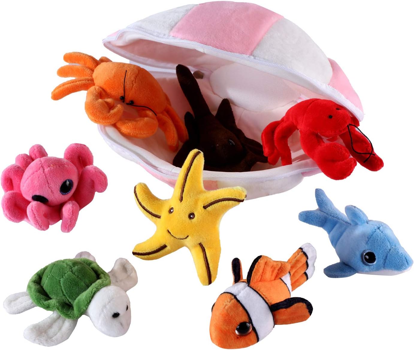 PELATOS Plush Sea Animals Playset with Shell House - 8 Piece