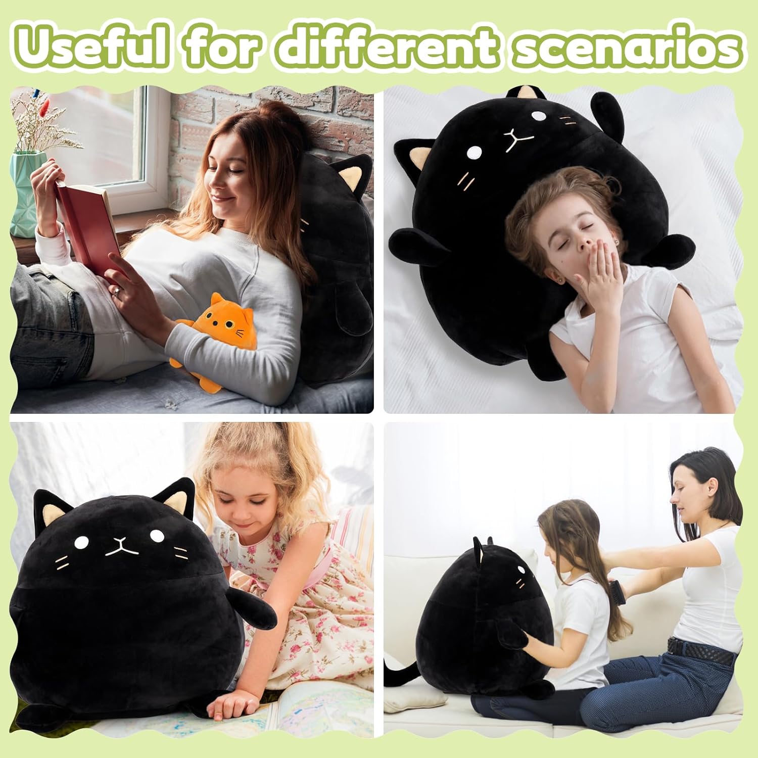 BENINY 4Pcs Cat Plush Set - Giant Black Cat Mommy 3 Baby Kittens