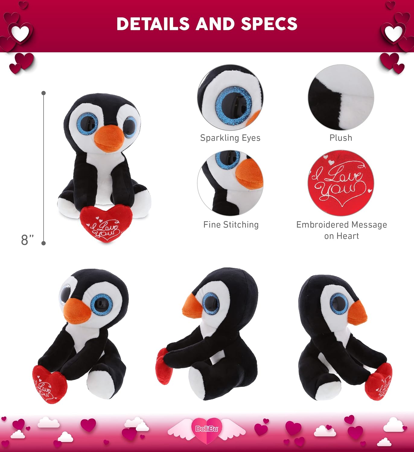 DolliBu I Love You Valentine Penguin Plush 8 Inch