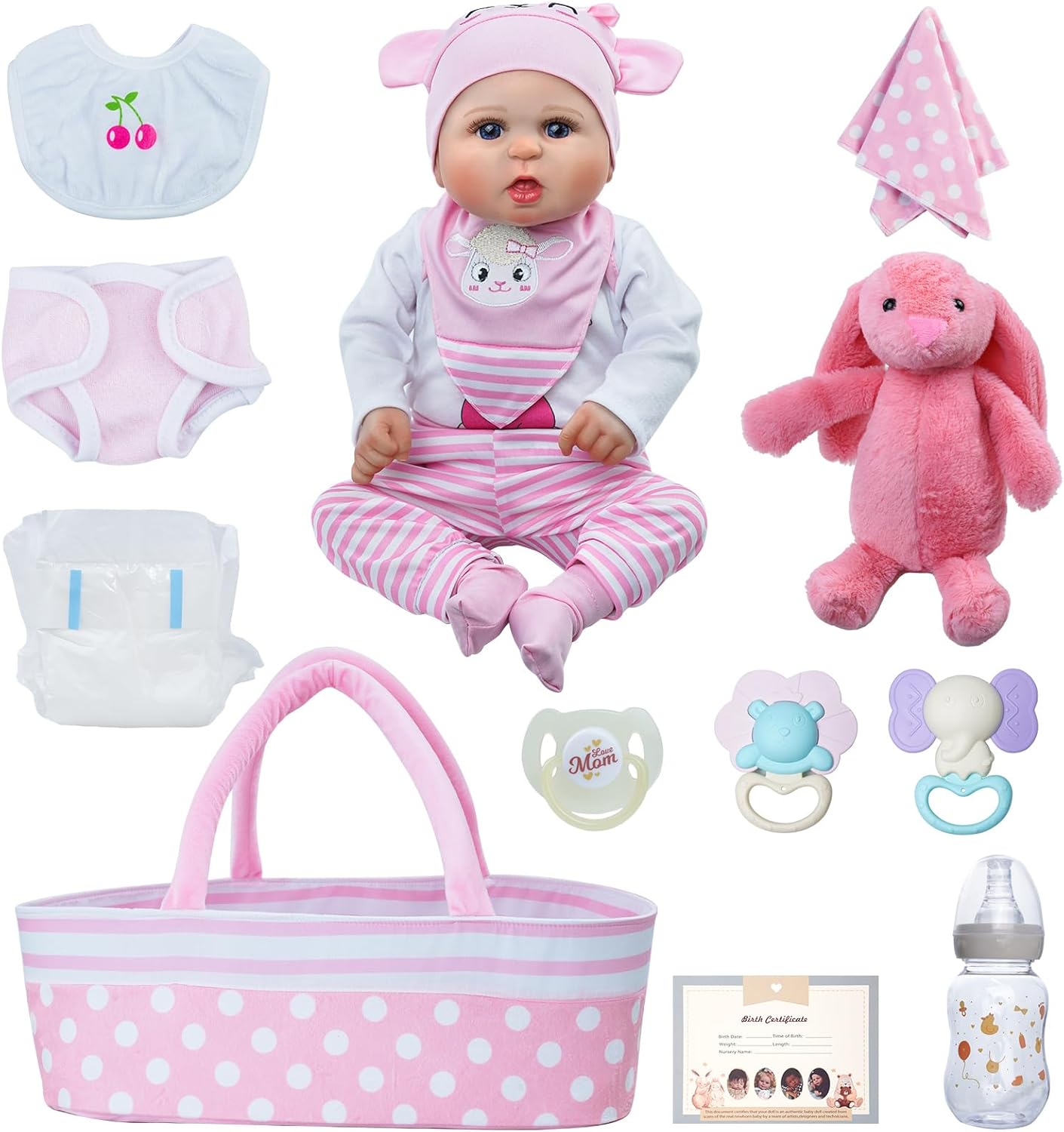 BABESIDE Reborn Baby Doll with 8pcs Clothes and Bassinet 1