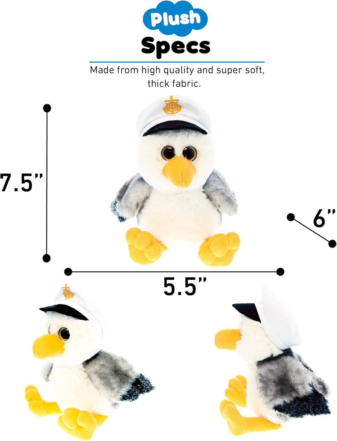 DolliBu Plush Seagull Sailor - 8 Inch Huggable Gray Stuffed Animal