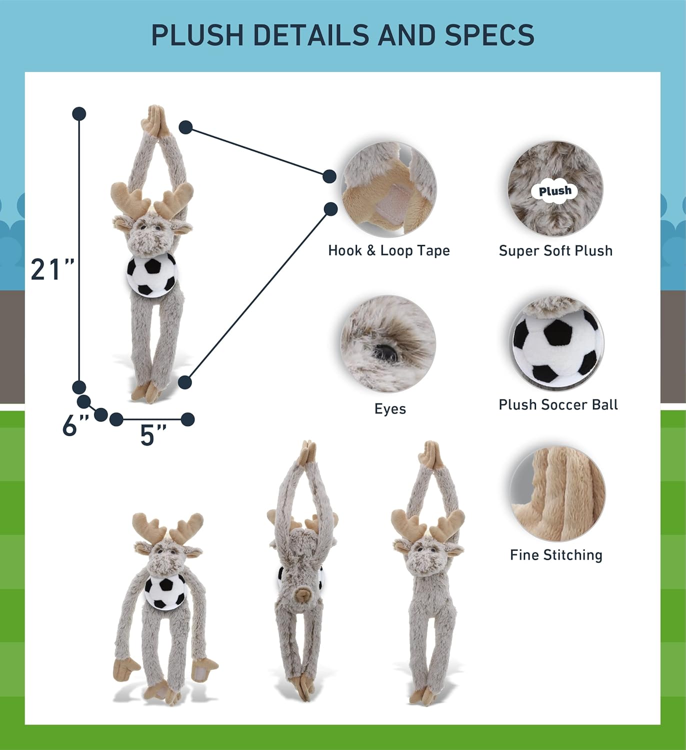 DolliBu Long Arms Moose Plush with Soccer Ball - 21 Inches