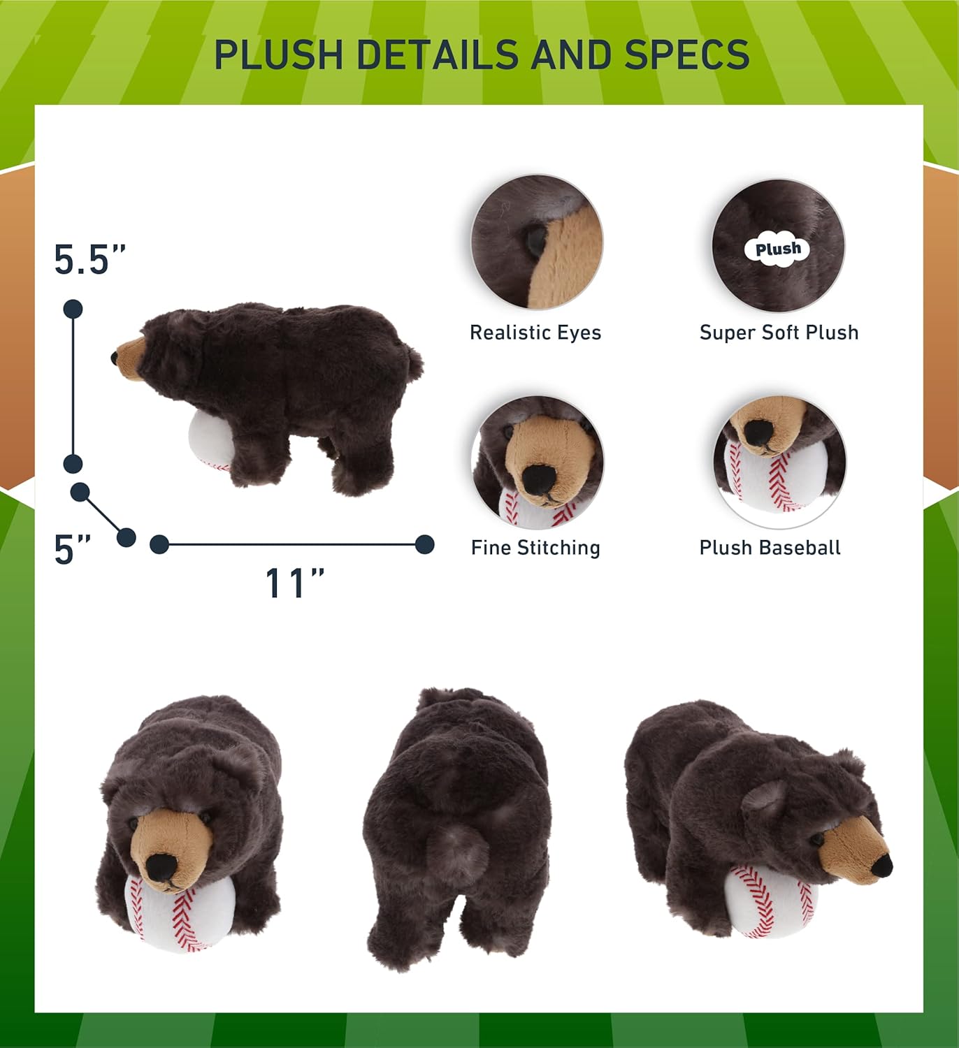DolliBu Black Bear Plush with Baseball - 11 Inch Snuggable Stuffed Animal 1