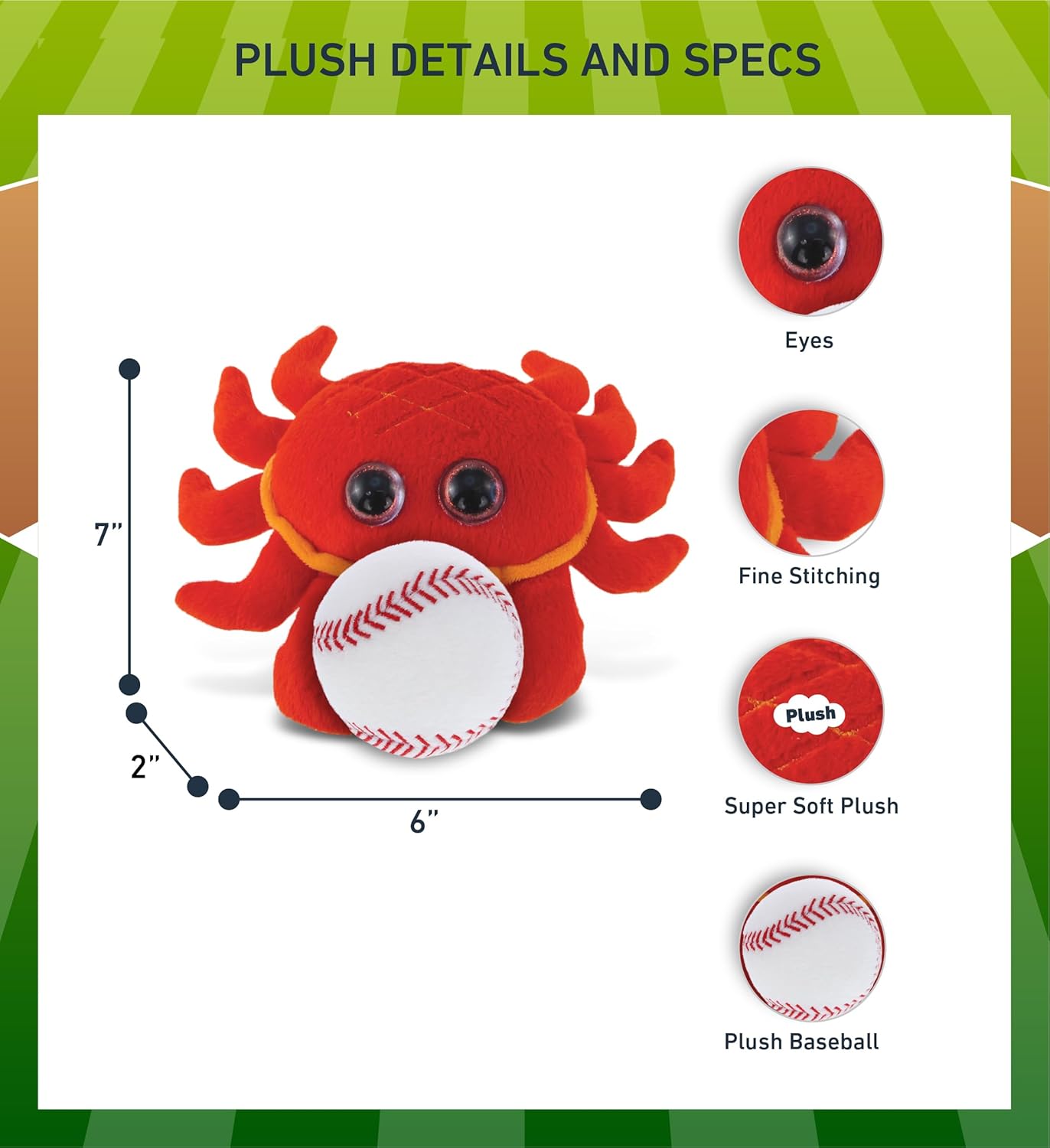 DolliBu Big-Eye Red Crab Plush with Baseball - 6 Inch