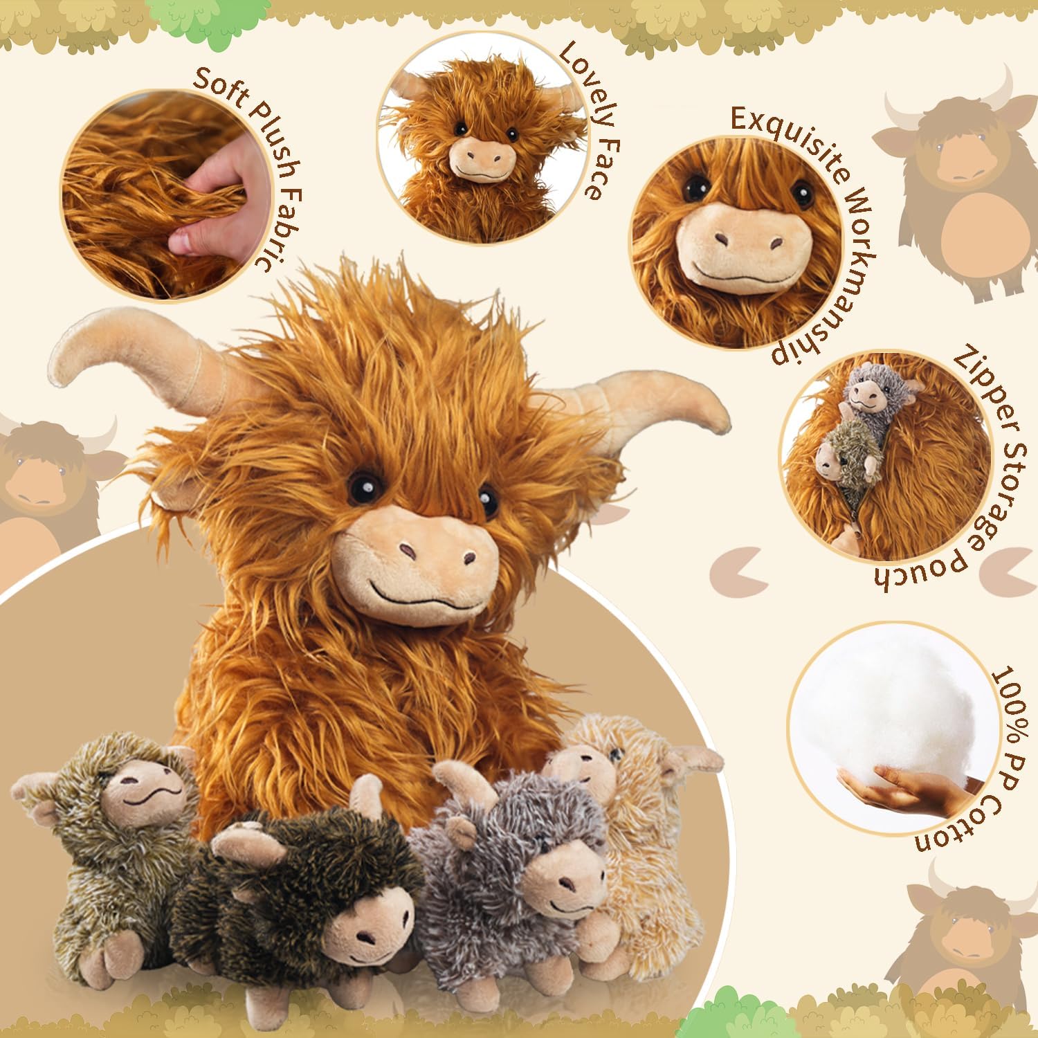 5 Pcs Highland Cow Plush Set with 4 Baby Calves