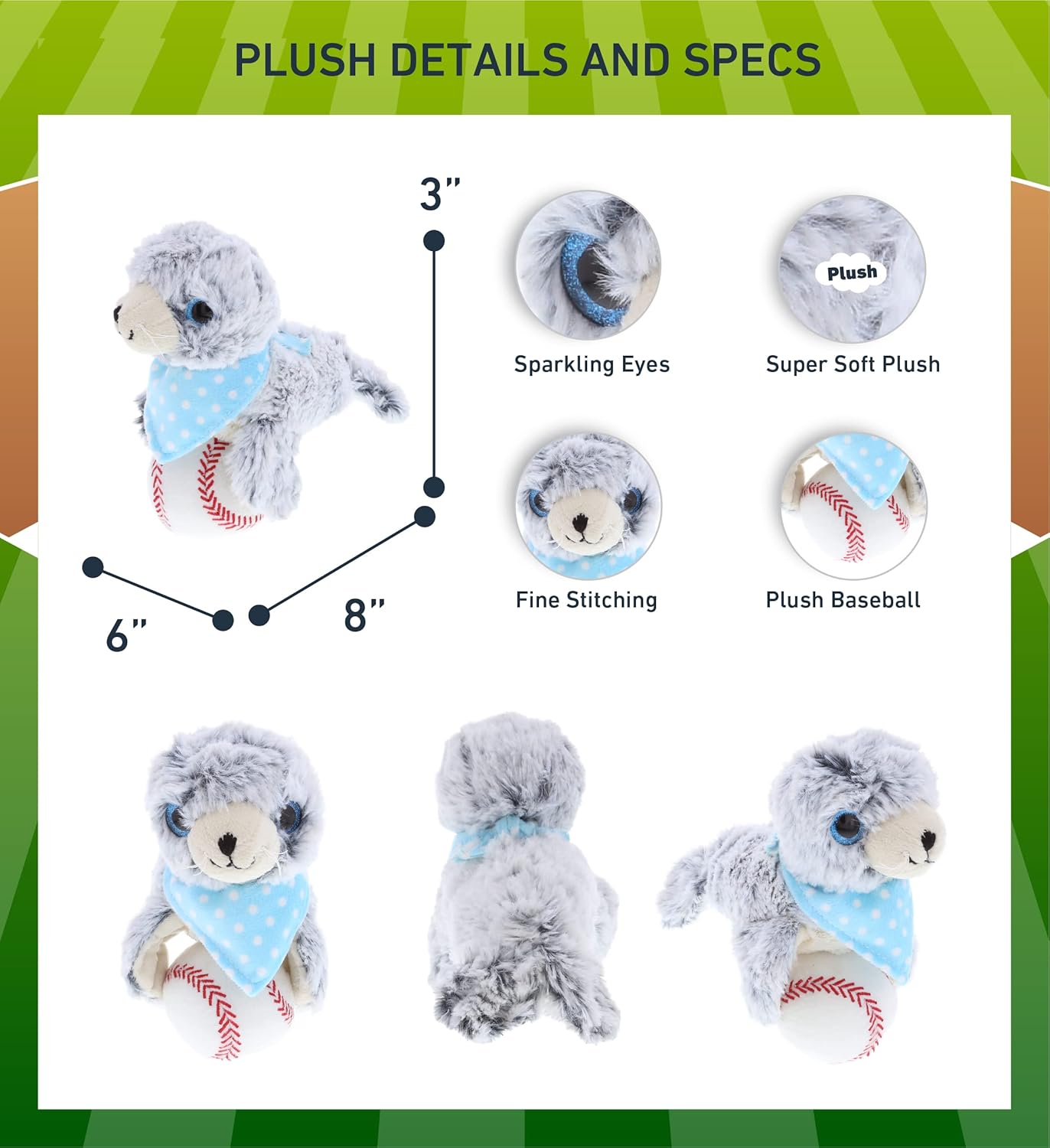 DolliBu Sea Lion Plush with Baseball - 9 Inch