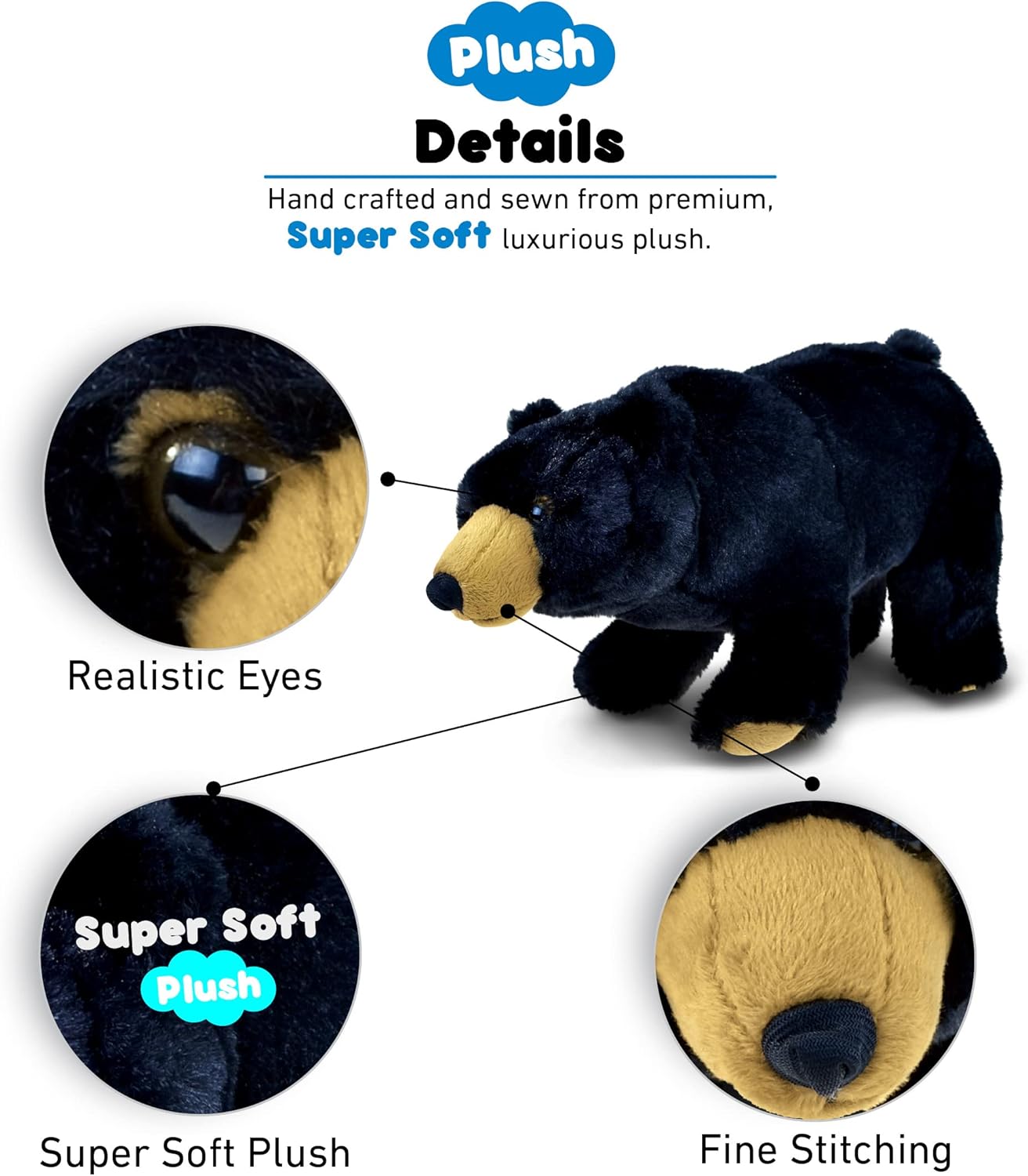 DolliBu Plush Black Bear - 11 Inches Huggable Toy