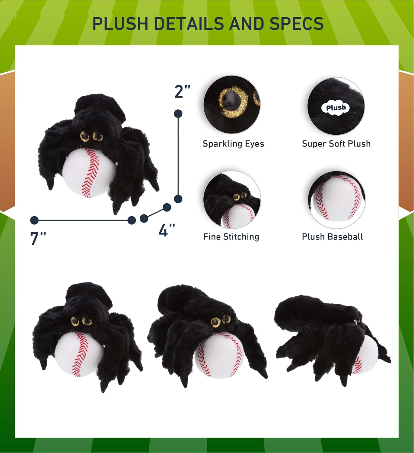 DolliBu Black Spider Plush with Baseball - 7 Inch