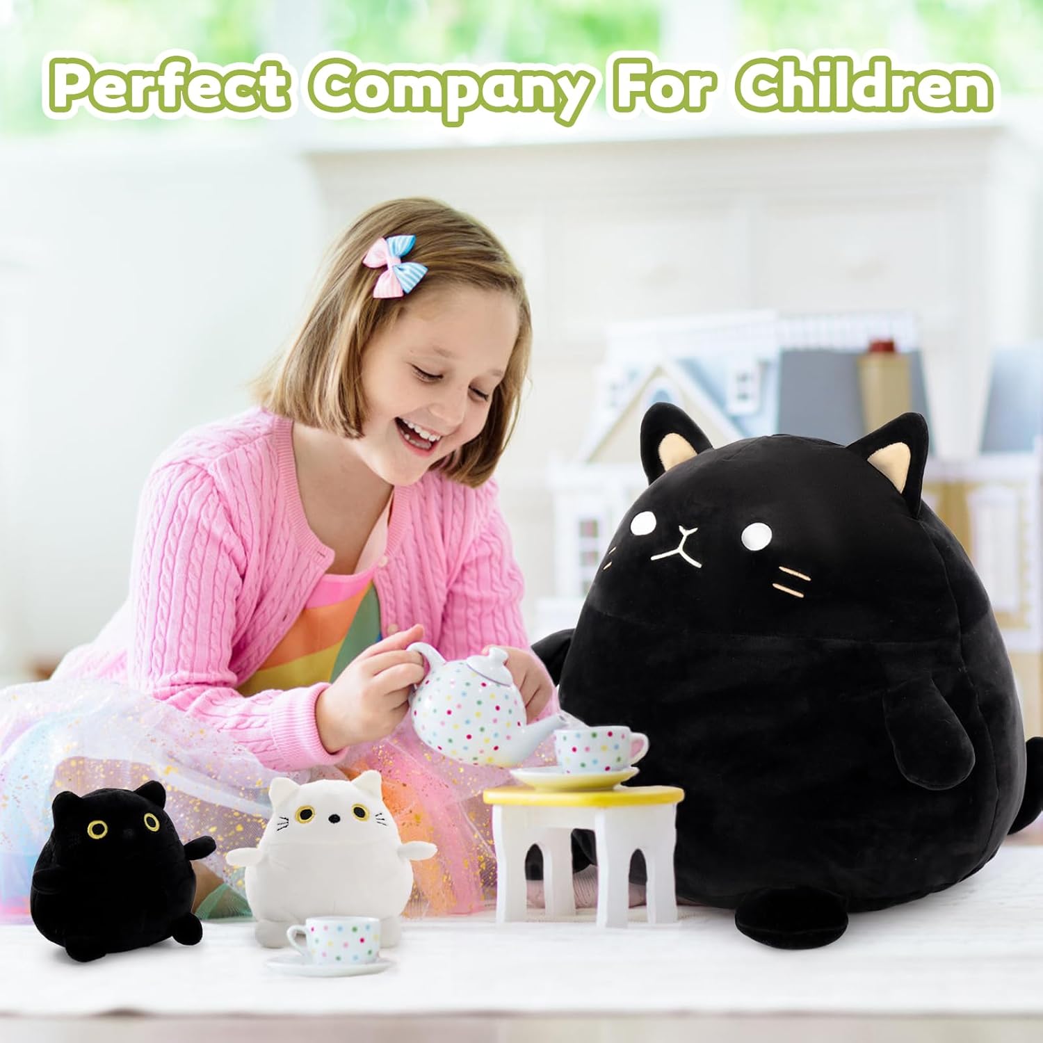BENINY 4Pcs Cat Plush Set - Giant Black Cat Mommy 3 Baby Kittens