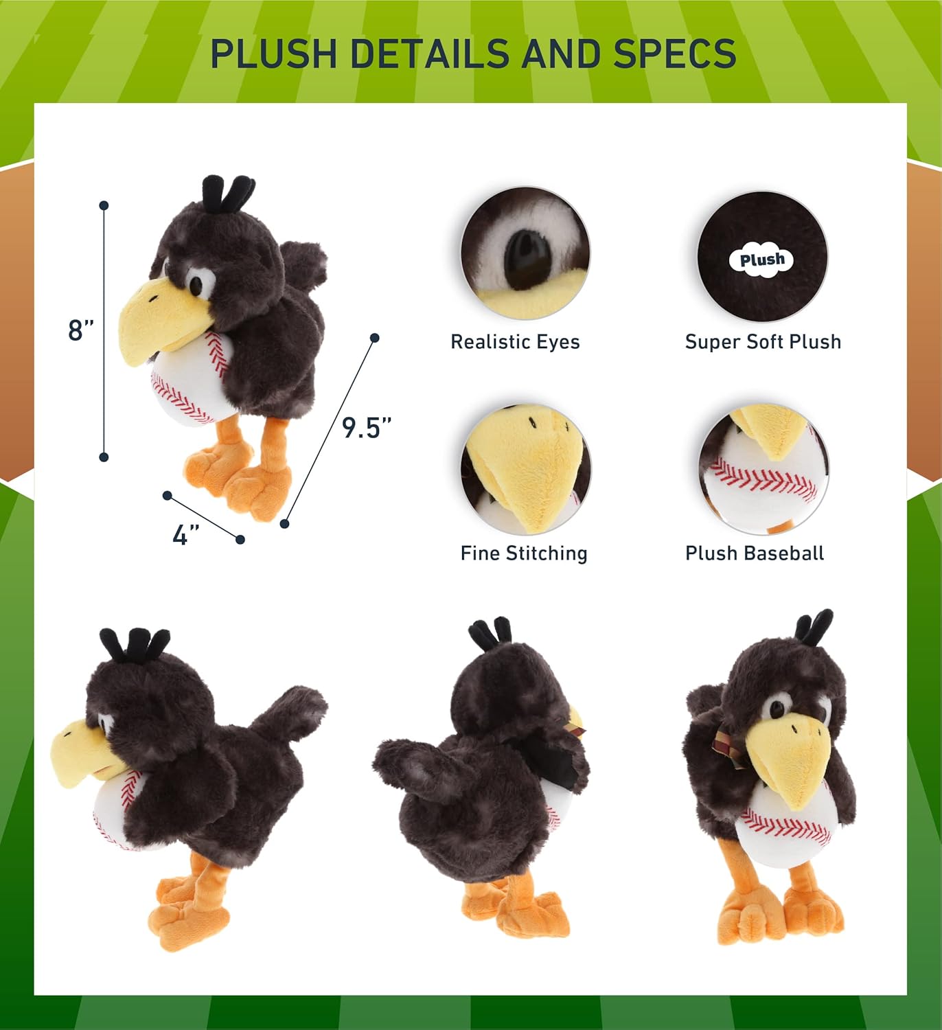 DolliBu Sitting Crow Plush with Baseball - 95 Inches 1
