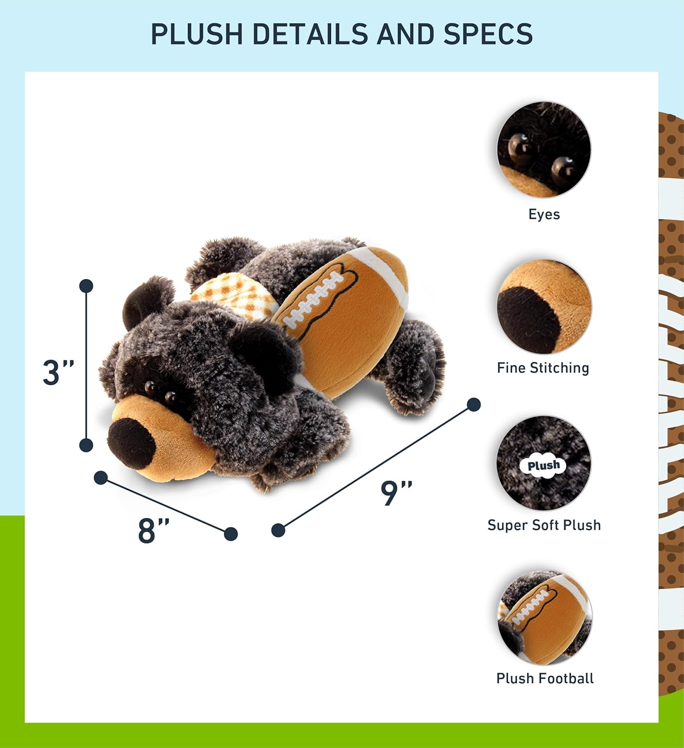 DolliBu Black Bear Plush with Football - 9 Inch Huggable Stuffed Animal
