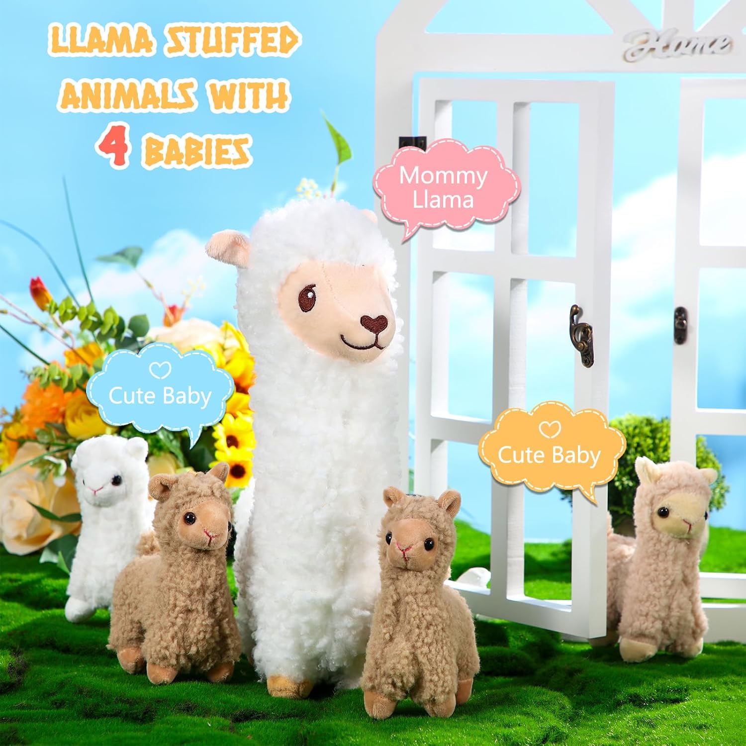 Jenaai Llama Plush Set with 4 Baby Llamas Cute Soft Stuffed Animals