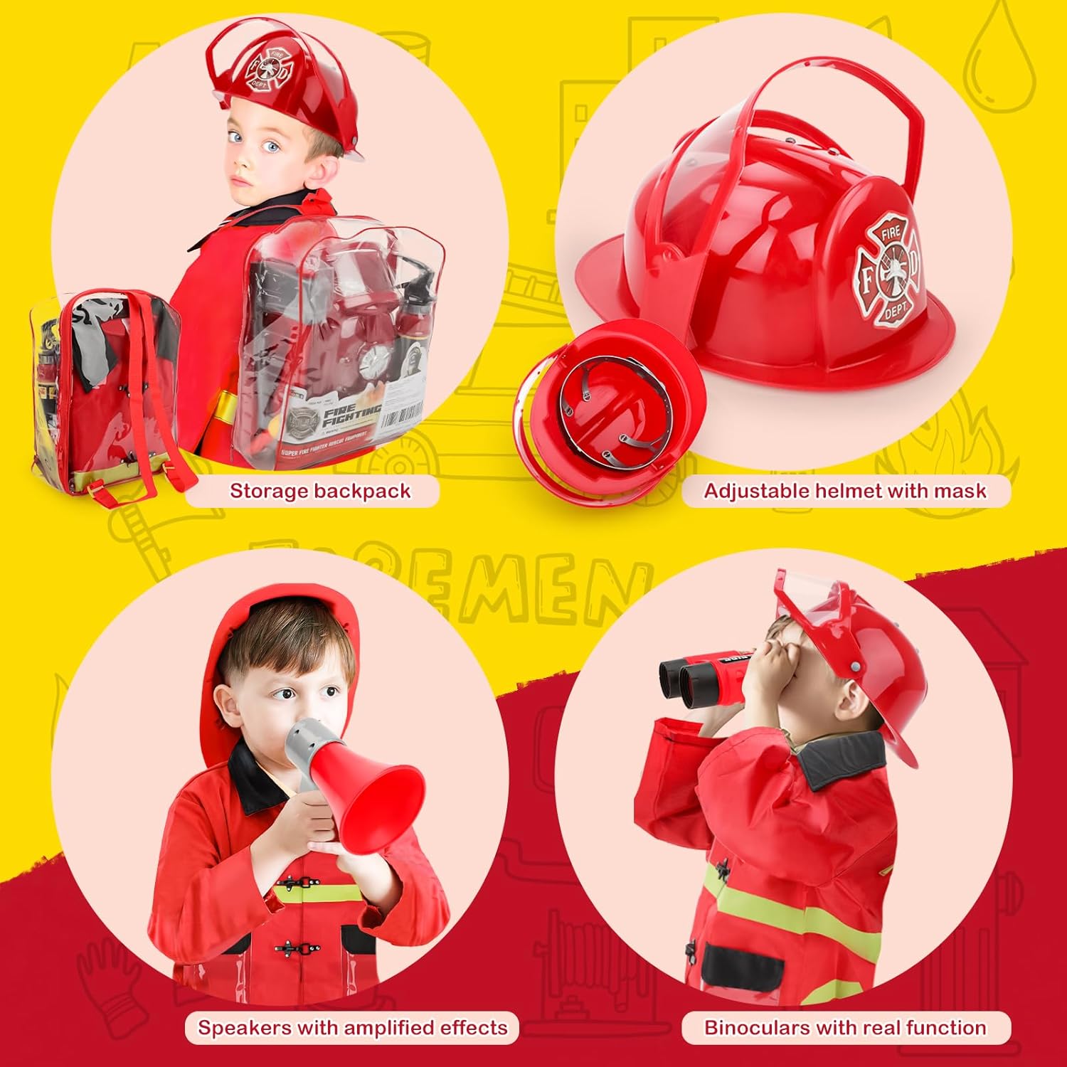 deAO Fireman Costume for Kids 13 Pcs Role Play Set