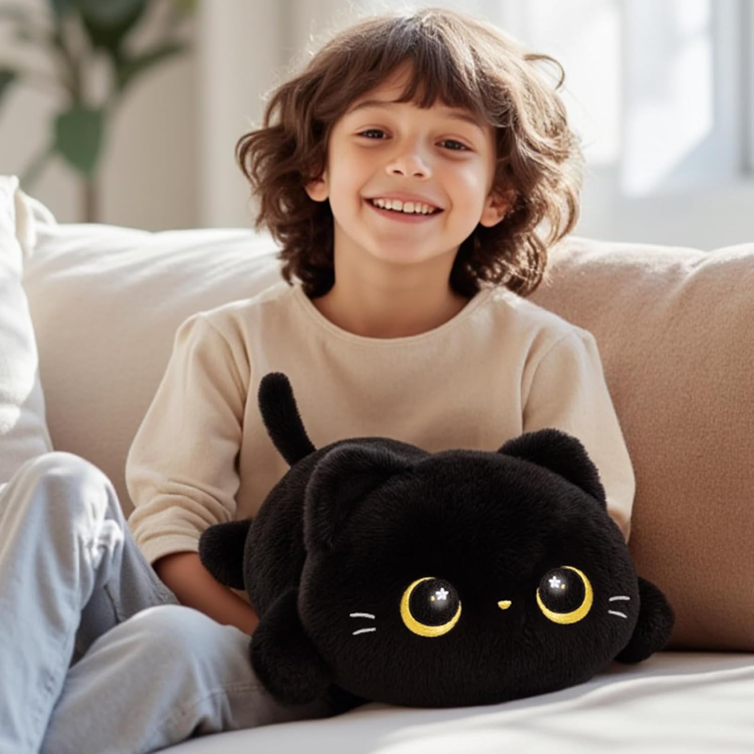 Cute Black Cat Plush Pillow - Kawaii Plushie for Kids Girls