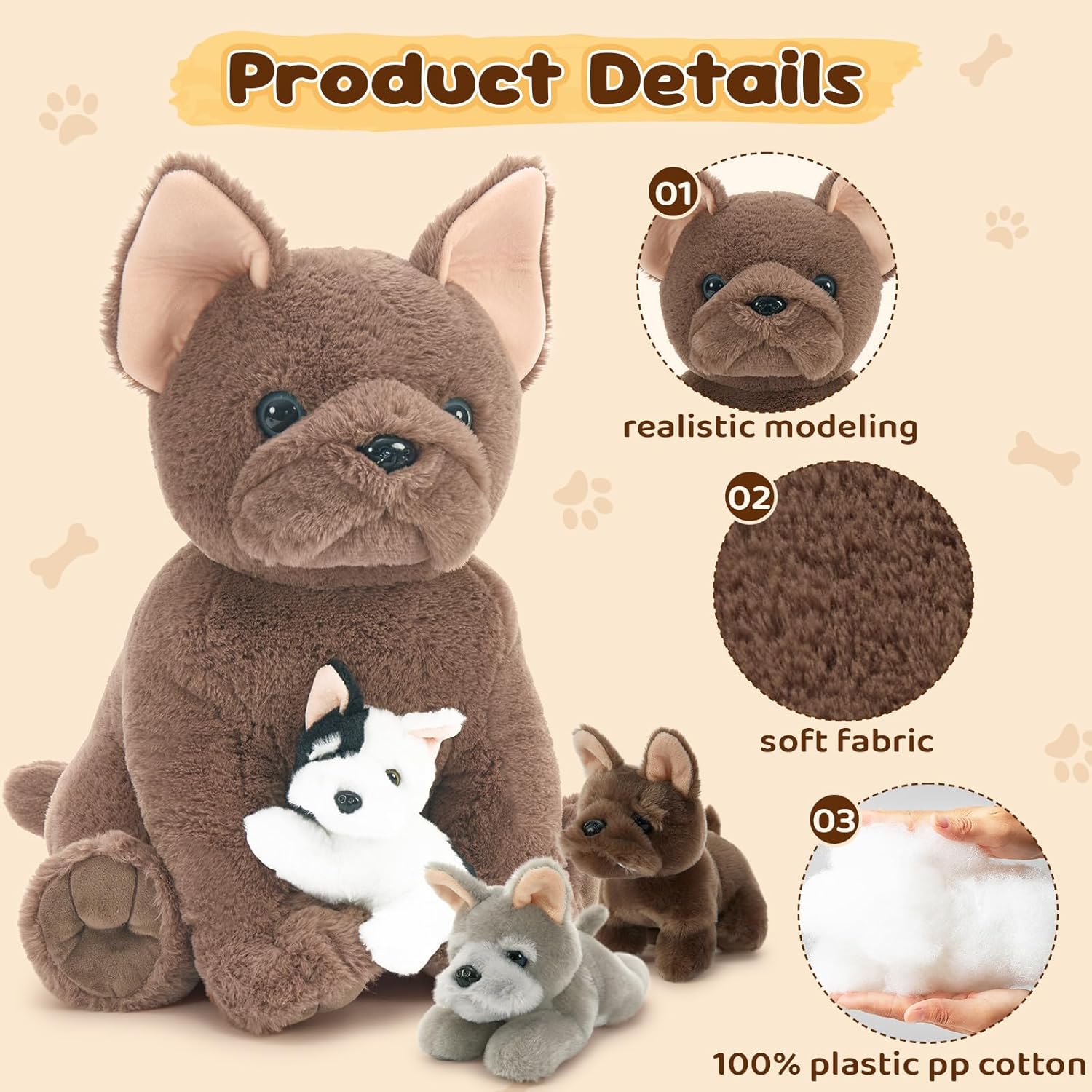 Tezituor French Bulldog Plush with 3 Puppies 177 Inches