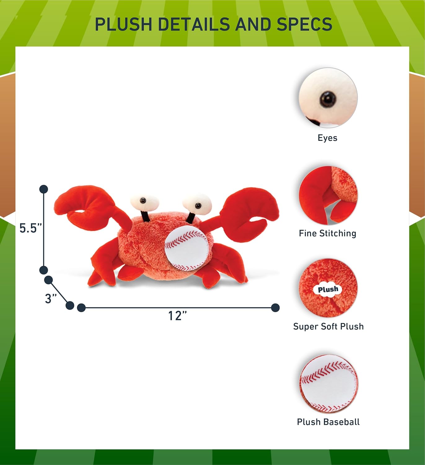 DolliBu Red Crab Plush with Baseball - 12 Inches