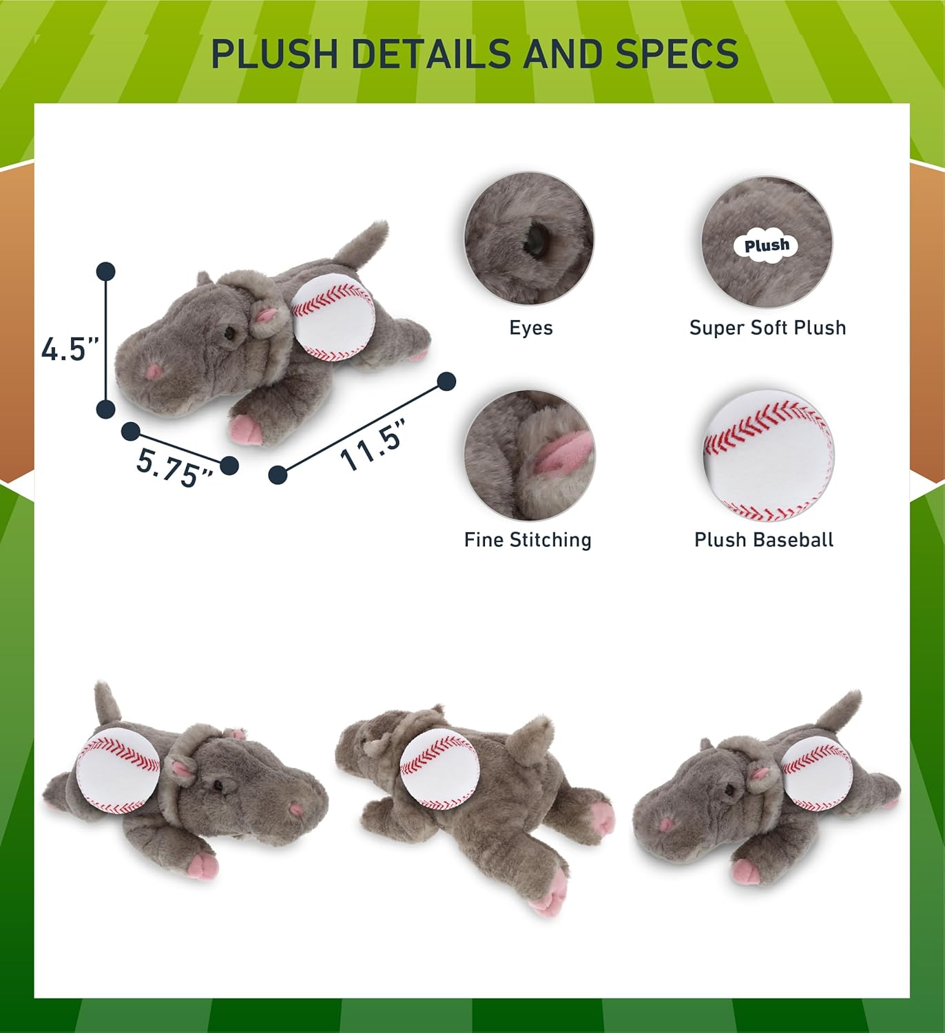 DolliBu Hippo Stuffed Animal with Baseball - 115 Inch Plush Toy 1
