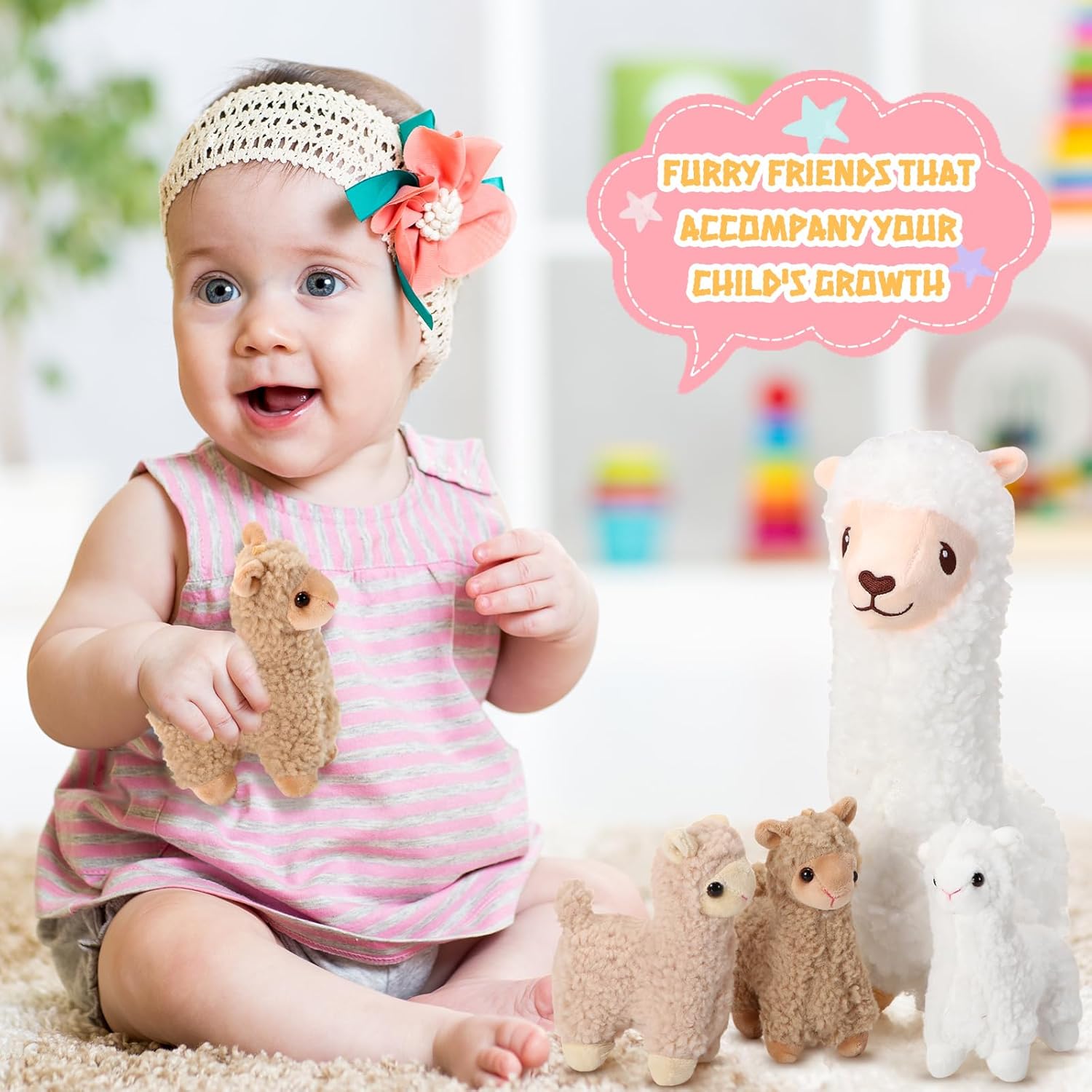 Jenaai Llama Plush Set with 4 Baby Llamas Cute Soft Stuffed Animals