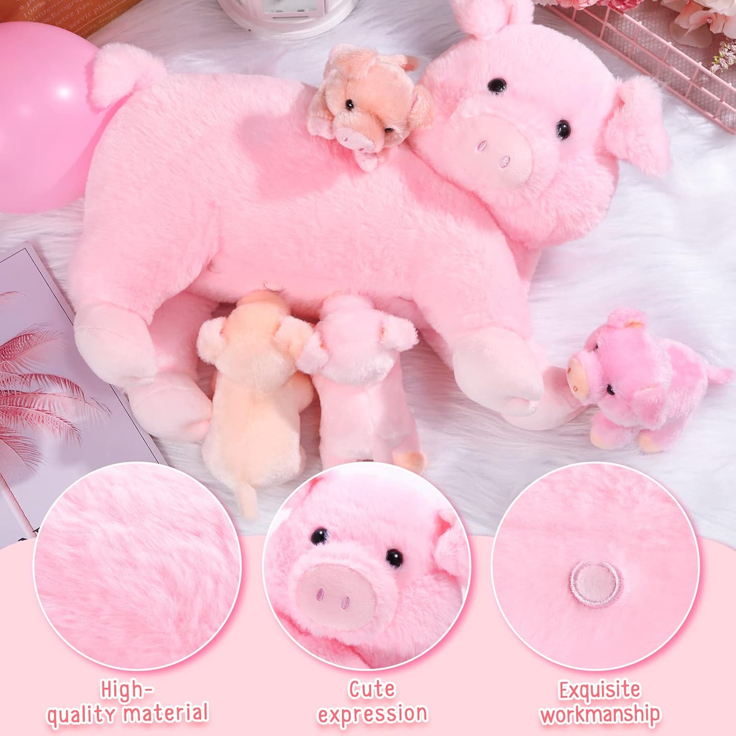 Honoson Plush Pig Set with 4 Magnetic Baby Pigs