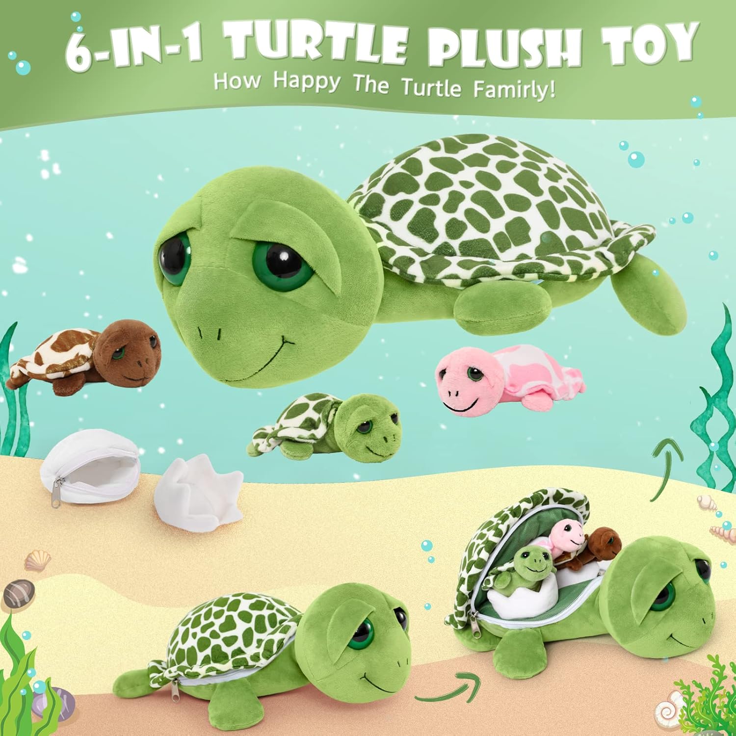 MorisMos Sea Turtle Family Plush Toy 14 with 3 Babies 2 Eggs