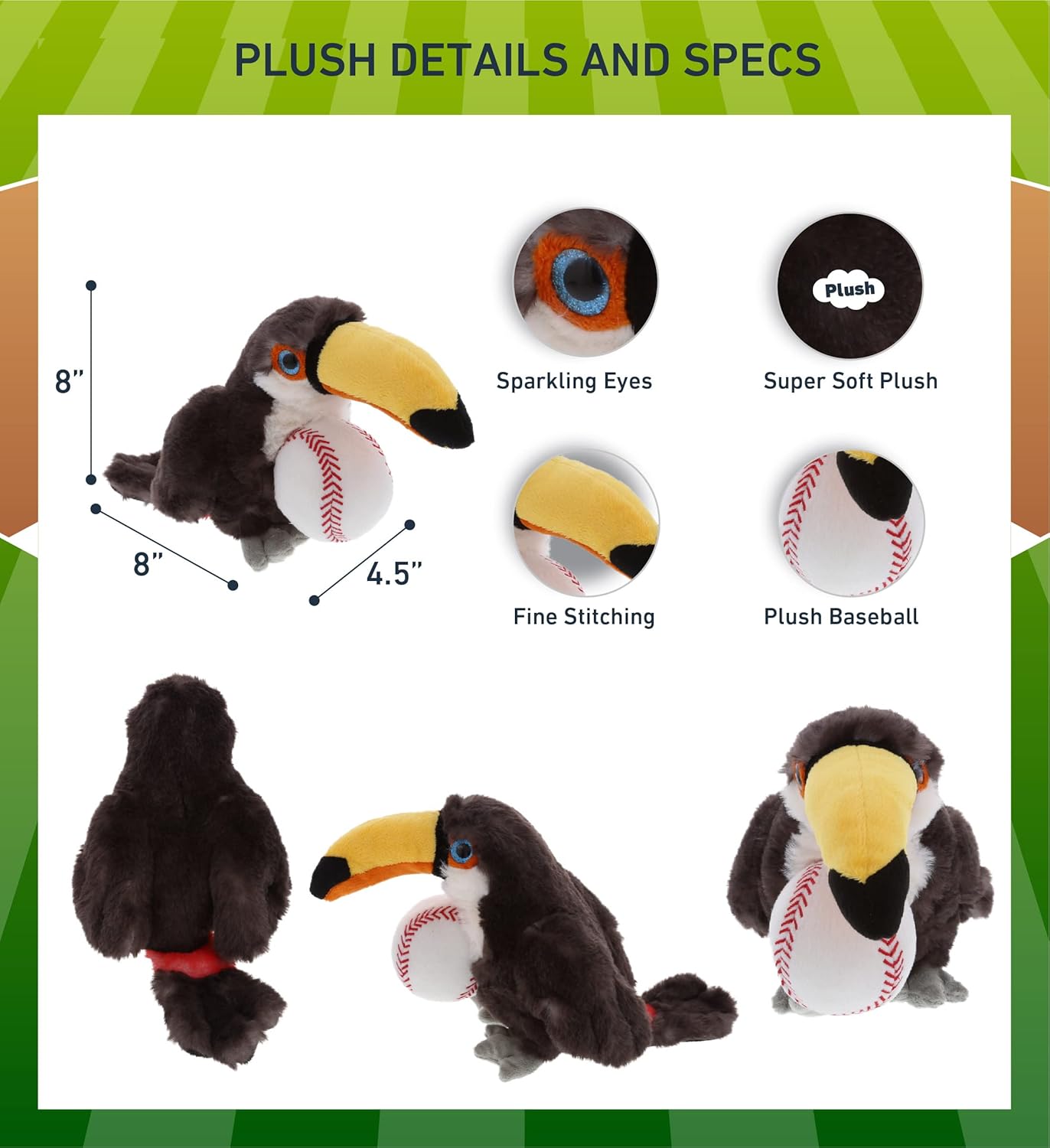 DolliBu Toucan Plush with Baseball - 8 Inches Huggable Toy