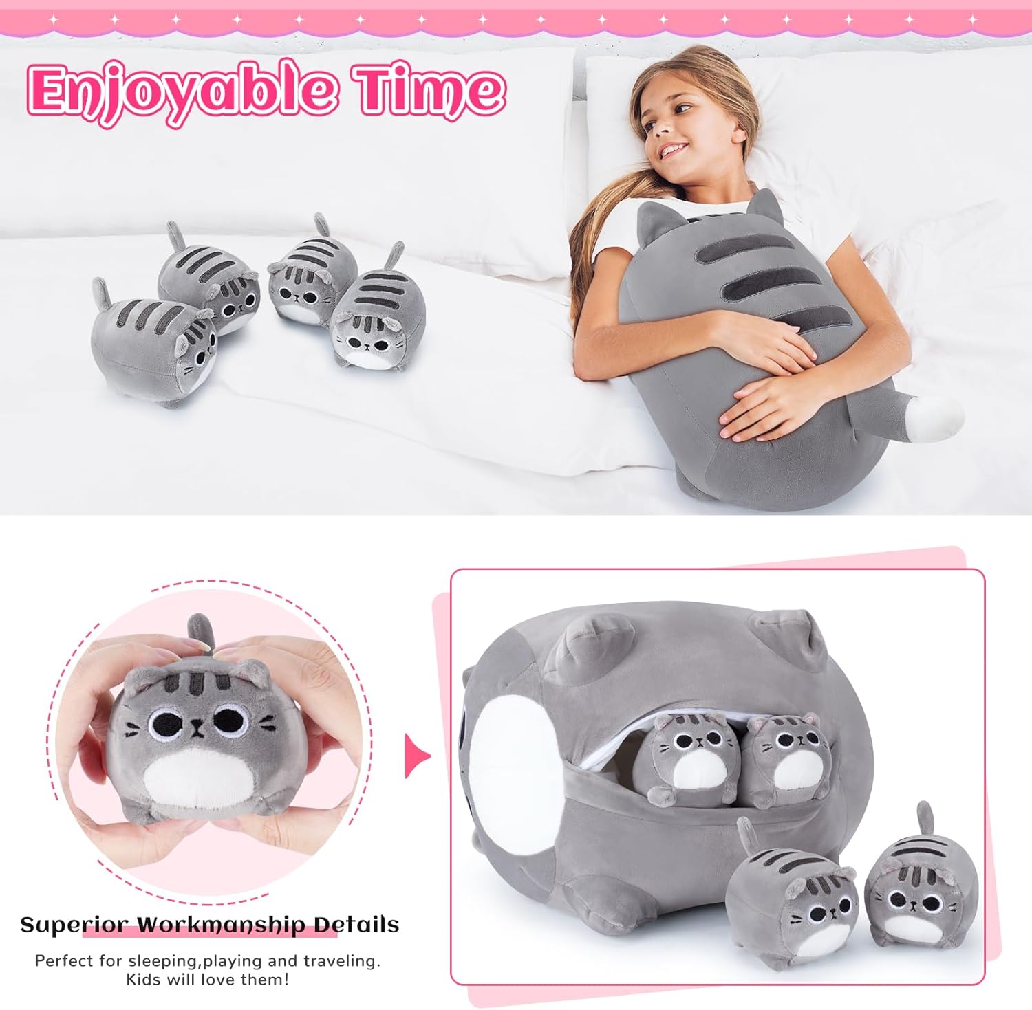 Grey Cat Plush Family 5PCS Stuffed Animal Set