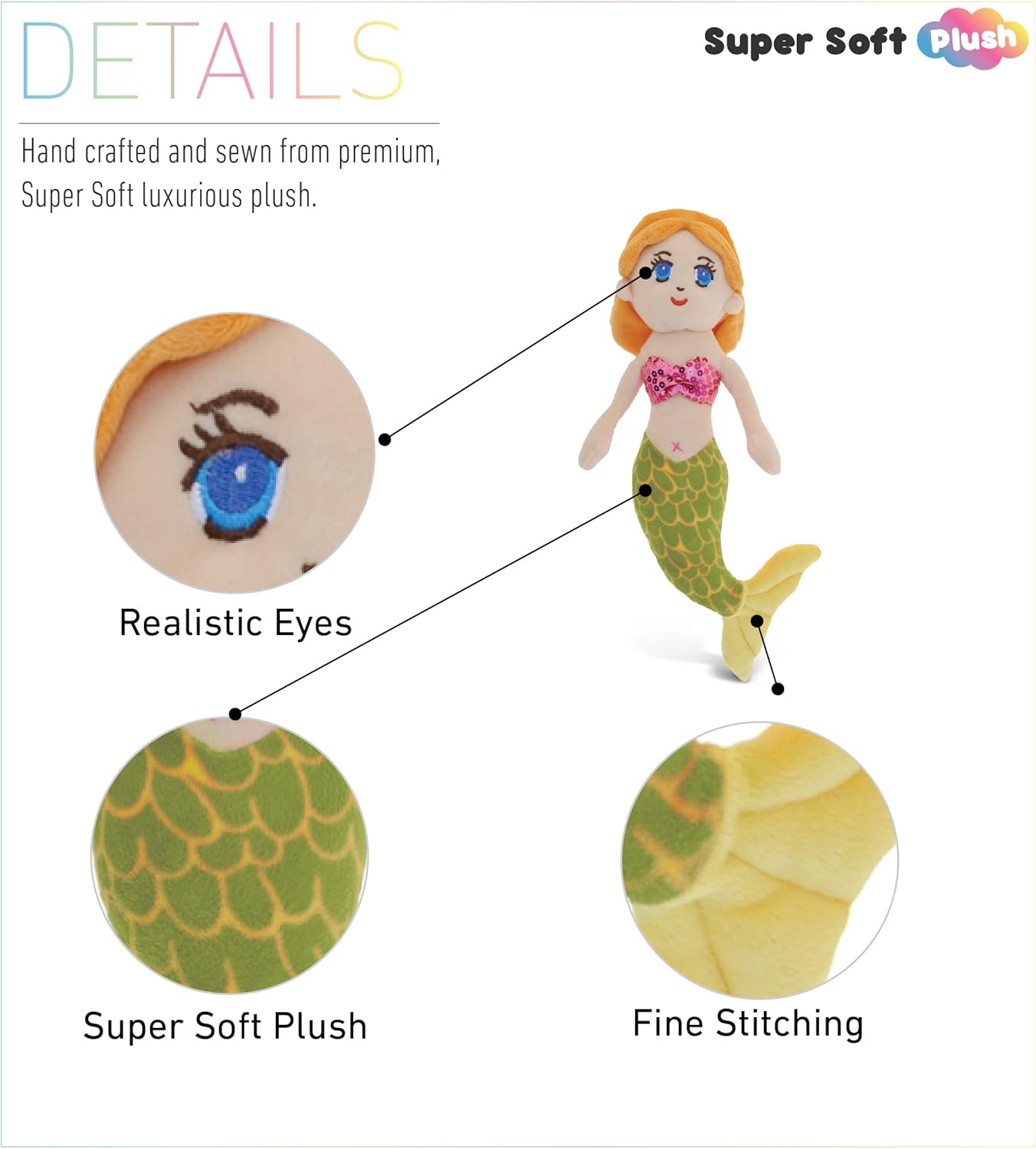 DolliBu Green Mermaid Plush Stuffed Animal - 14 Inch Huggable Toy