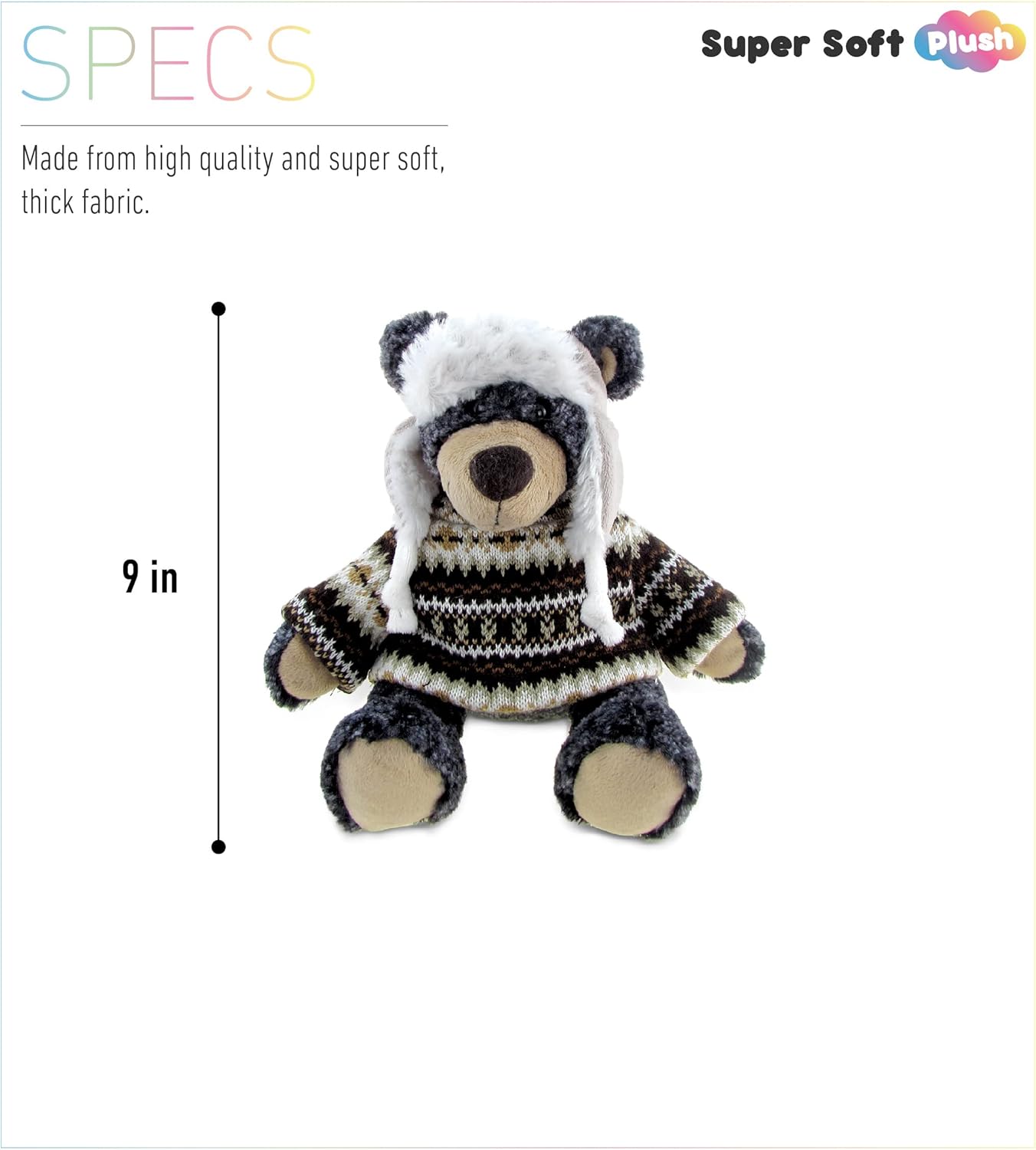 DolliBu Plush Black Bear with Hat and Sweater 9 Inches