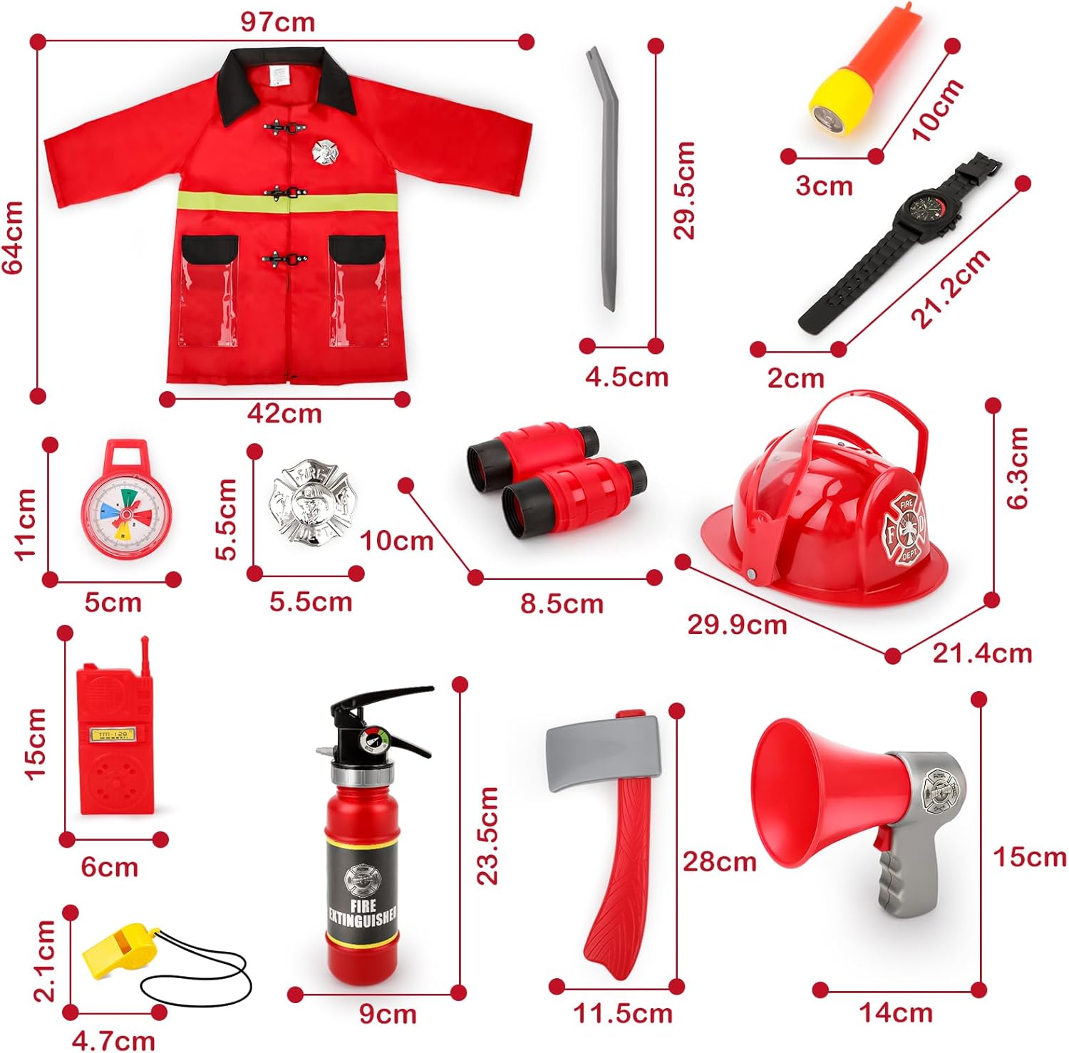 deAO Fireman Costume for Kids 13 Pcs Role Play Set