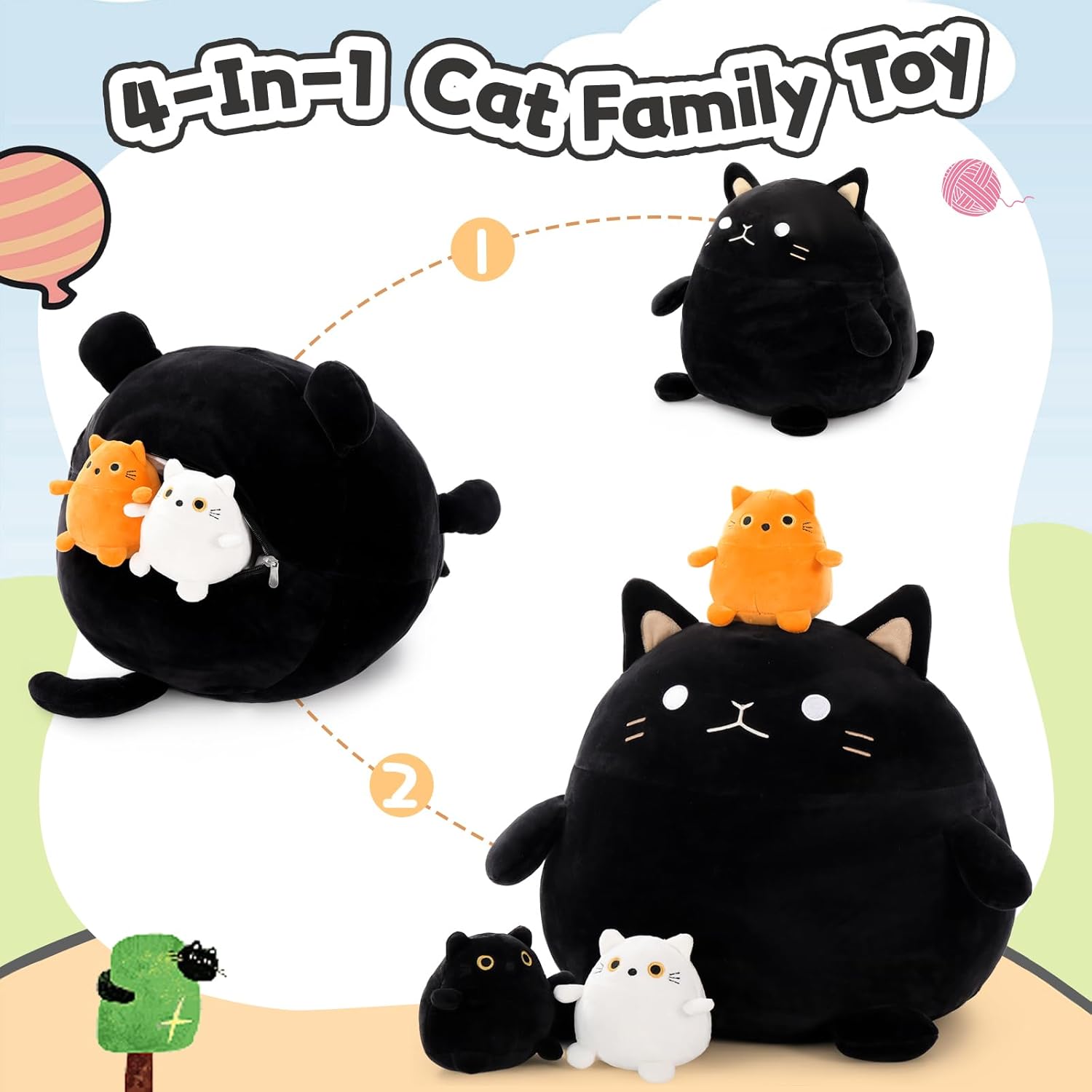 BENINY 4Pcs Cat Plush Set - Giant Black Cat Mommy 3 Baby Kittens