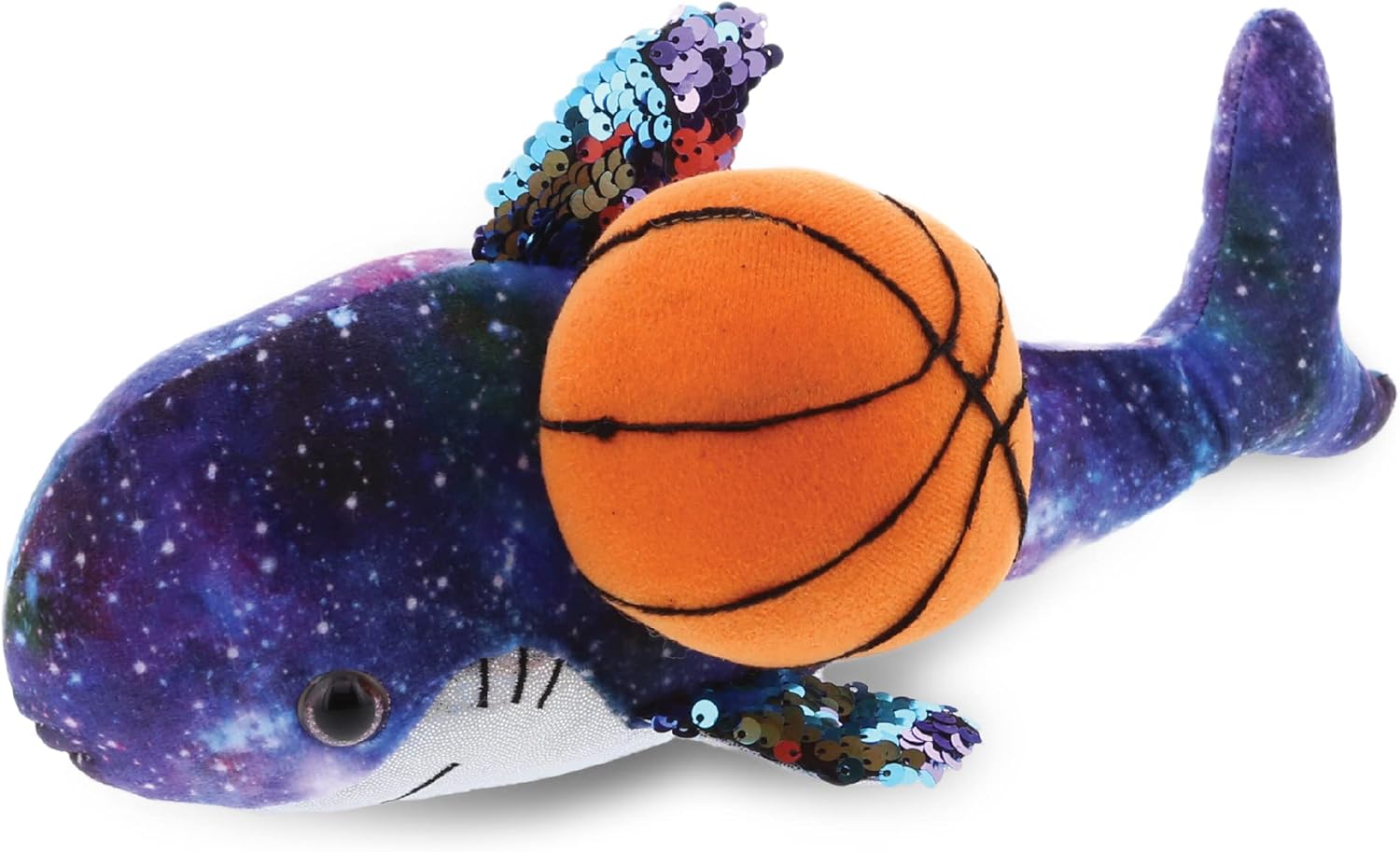 DolliBu Space Sequin Shark Plush with Basketball - 12 Inch Huggable
