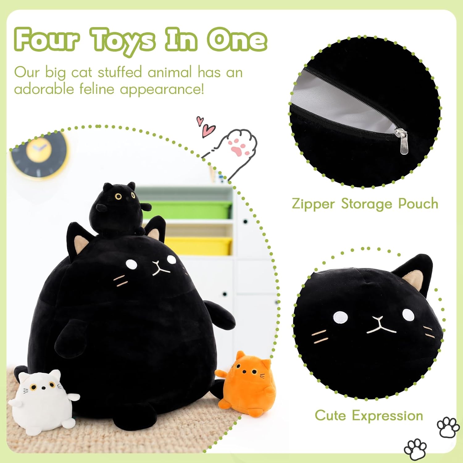 BENINY 4Pcs Cat Plush Set - Giant Black Cat Mommy 3 Baby Kittens