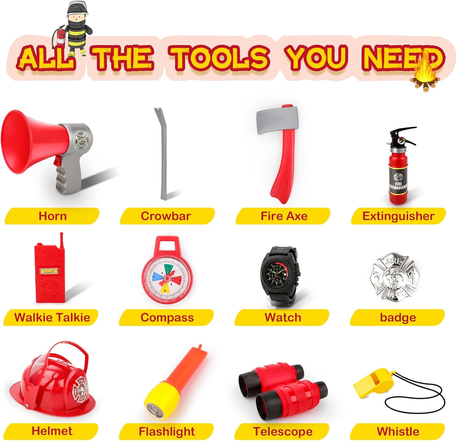 deAO Fireman Costume for Kids 13 Pcs Role Play Set
